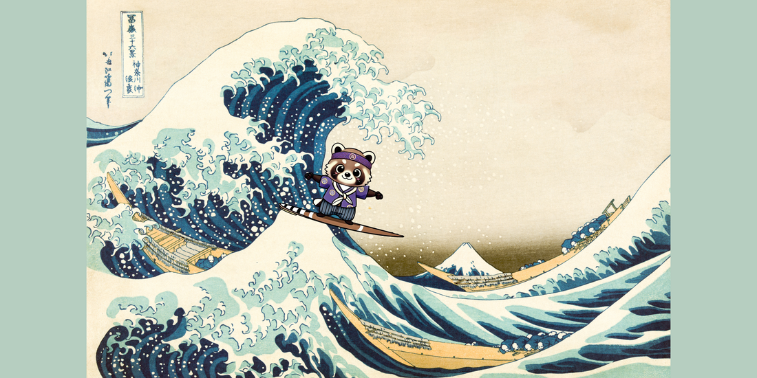 La mascotte Kogechan surfant la grande vague de Kanagawa par Hokusai