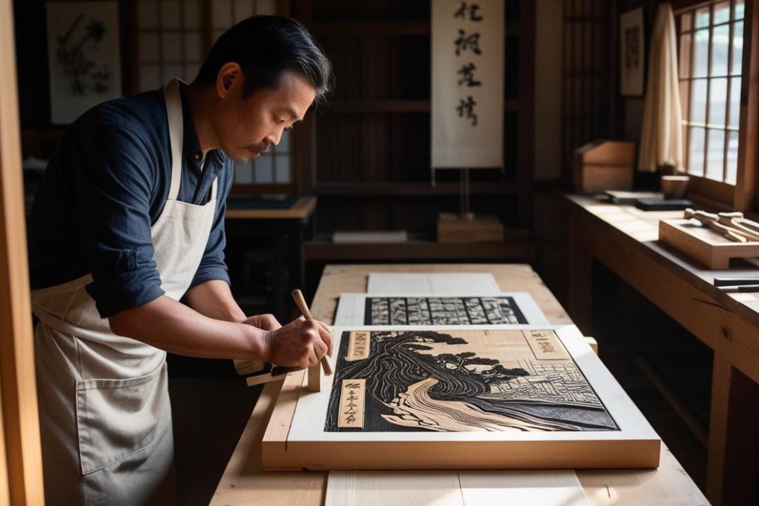 Un graveur d'estampe japonaise Horishi dans son atelier entrain de sculpter une planche omohan.