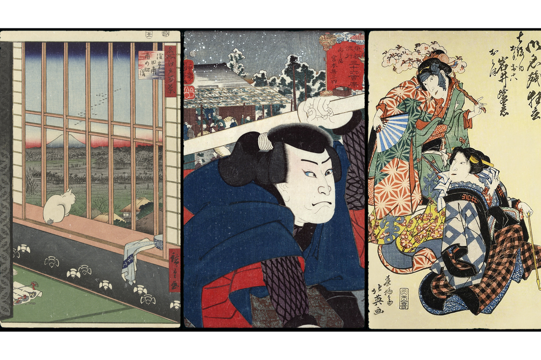 Montage de trois estampes japonaises ukiyo-e représentant un paysage avec Mont Fuji, un acteur de kabuki et une scène de bijin-ga avec des femmes en kimono