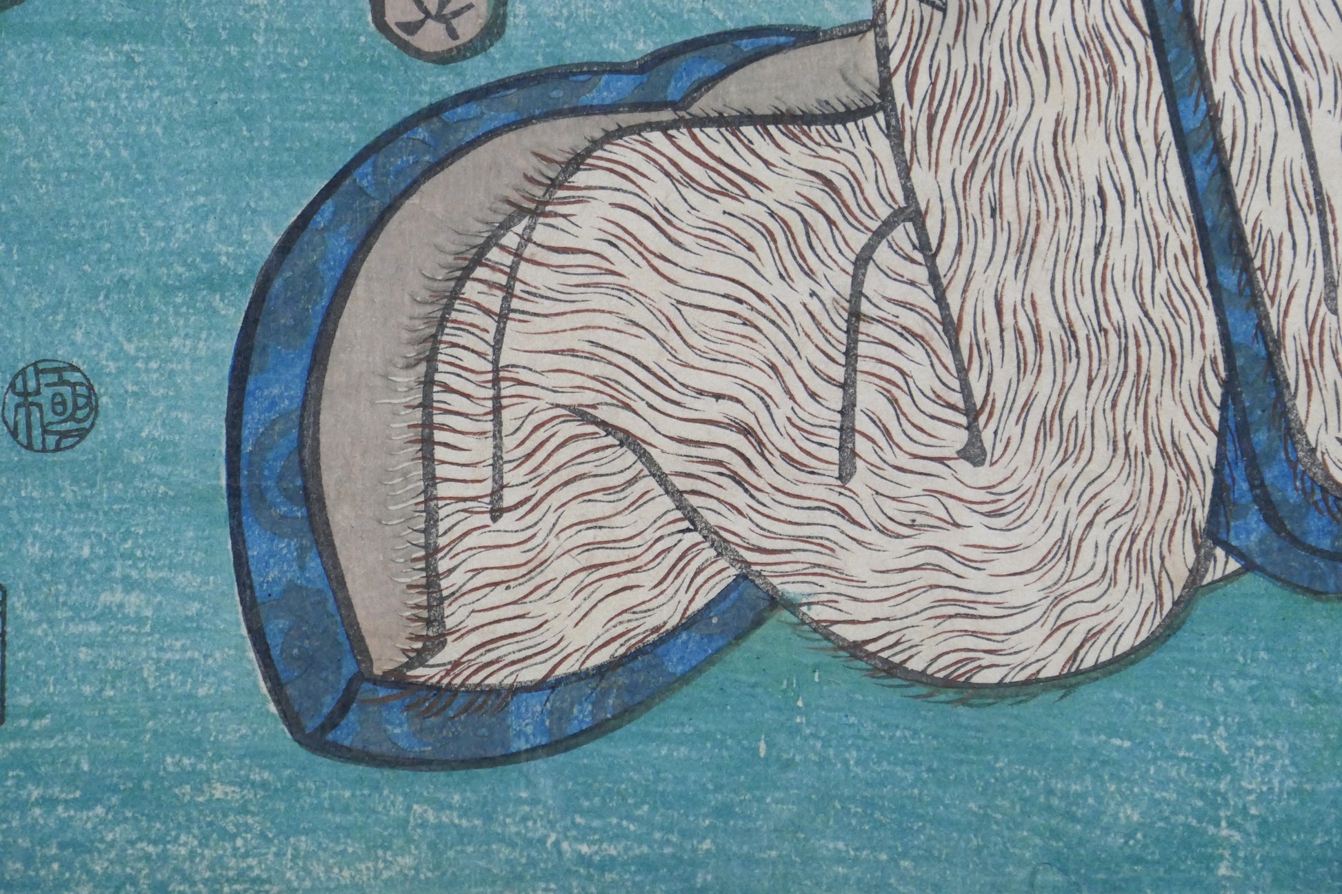 Estampe de type Yakusha-e de Utagawa Kunisada datant de 1838 représentant le renard Genkurô. vue kimono et sceau kiwame