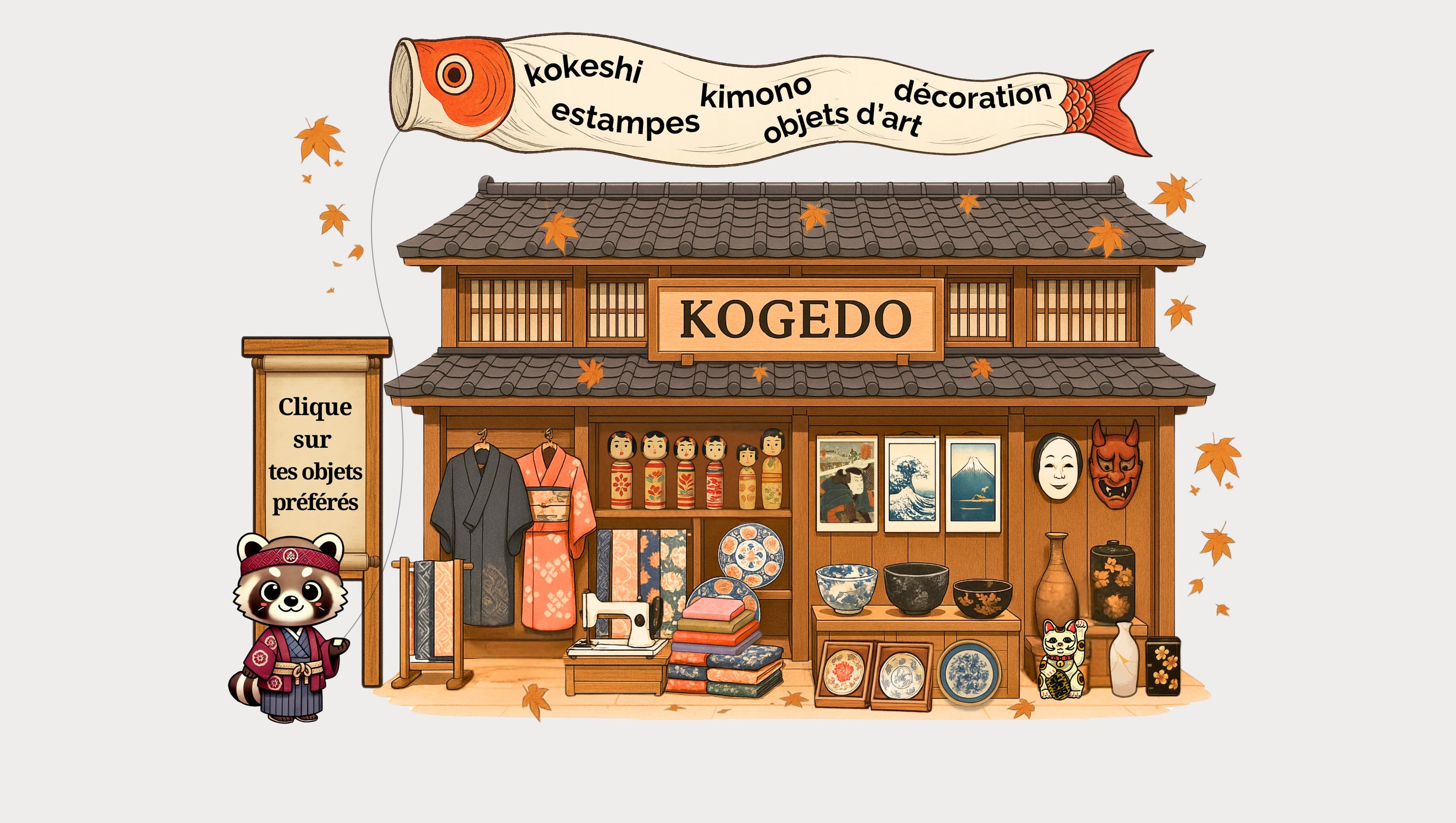 la brocante KOGEDO dans un stand traditionnel japonais avec des étalages contenant des maneki neko ceramique de la vaisselle japonaise des estampes japonaises authentiques