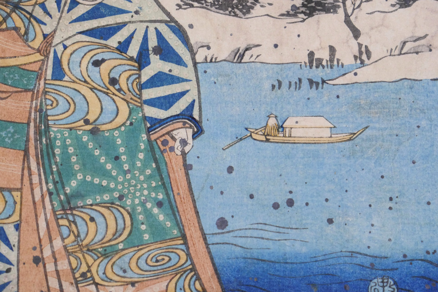 Estampe signée Toyokuni 3 de style Bijin-ga représentant Oshichi la marchande editée par Iseya Kanekichi en 1860. Vue arrière plan