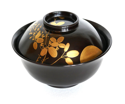 Bol vintage japonais fermé avec couvercle, décor de hagi doré, vue de côté