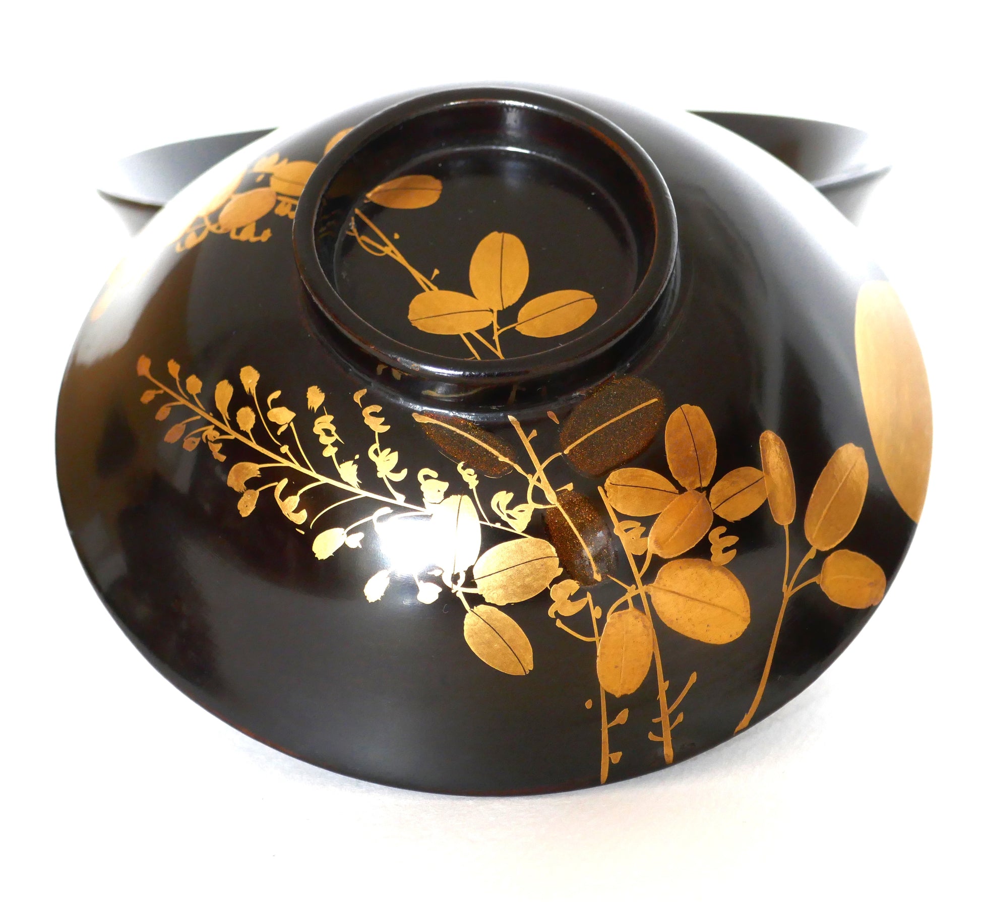 Bol en laque noir urushi de Wajima ouvert, intérieur brillant, couvercle à côté