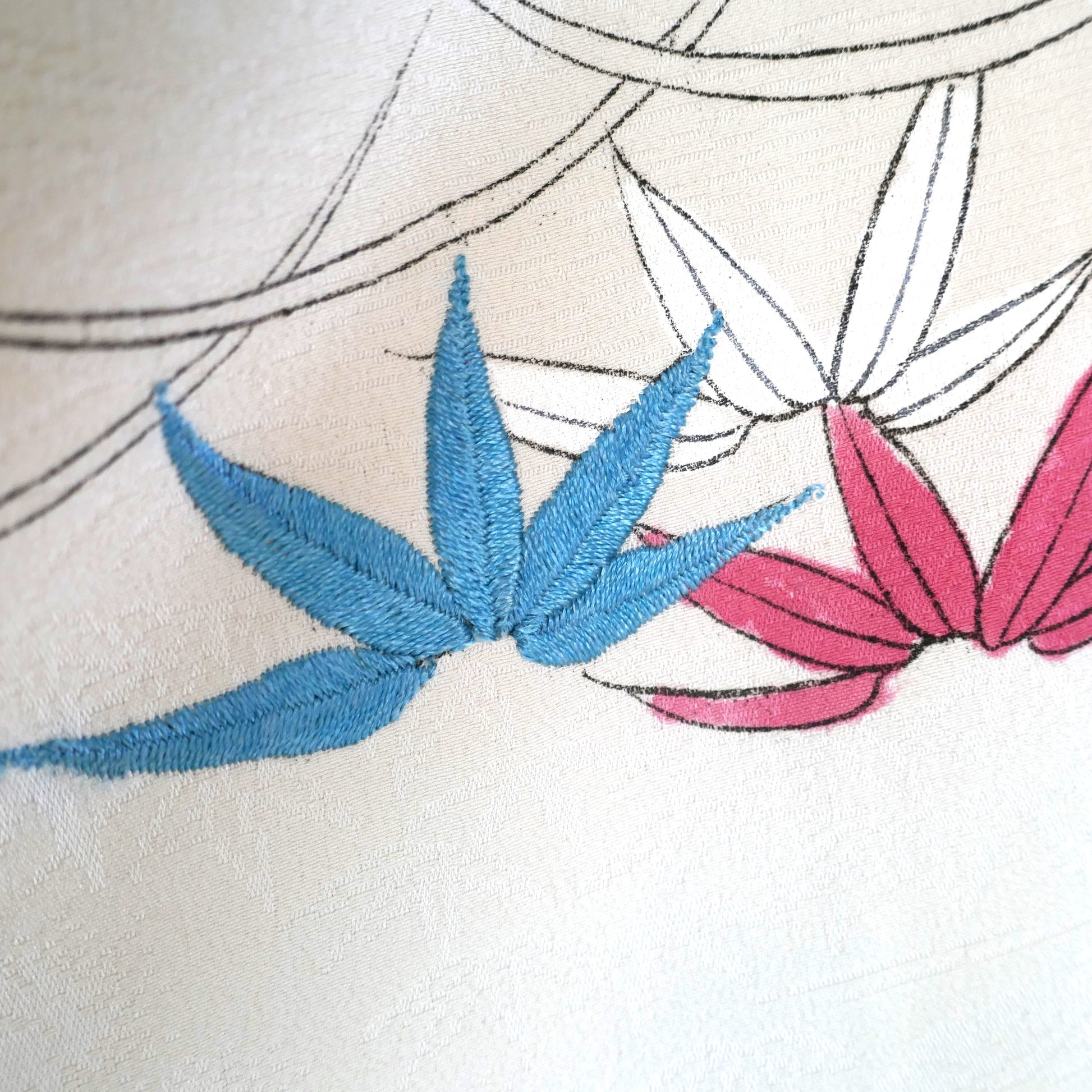 Détail de la broderie florale sur un haori vintage japonais : chrysanthèmes (kiku) et feuilles de bambou brodées bleu et rose.