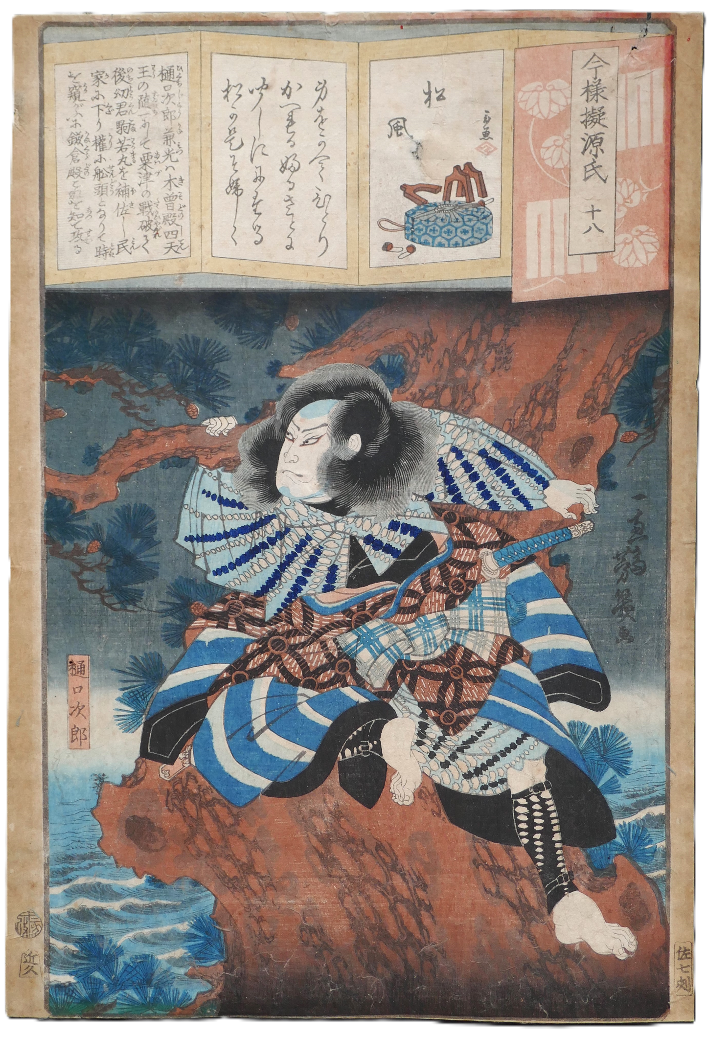 Détourage de l’estampe de Yoshiiku montrant le guerrier Higuchi Jirō Kanemitsu, série Imayō Nazorae Genji, chapitre Matsukaze, 1863.