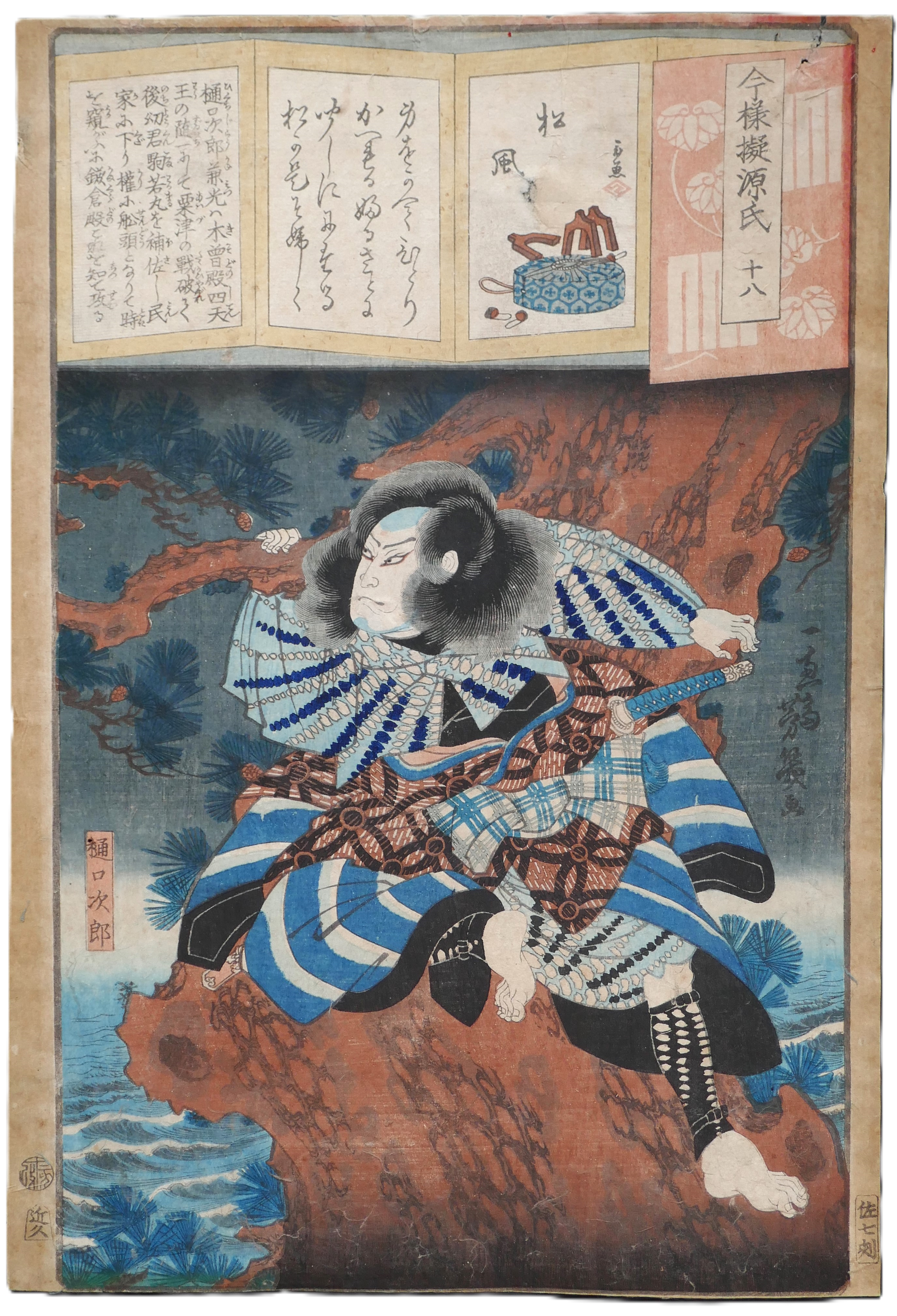 Détourage de l’estampe de Yoshiiku montrant le guerrier Higuchi Jirō Kanemitsu, série Imayō Nazorae Genji, chapitre Matsukaze, 1863.