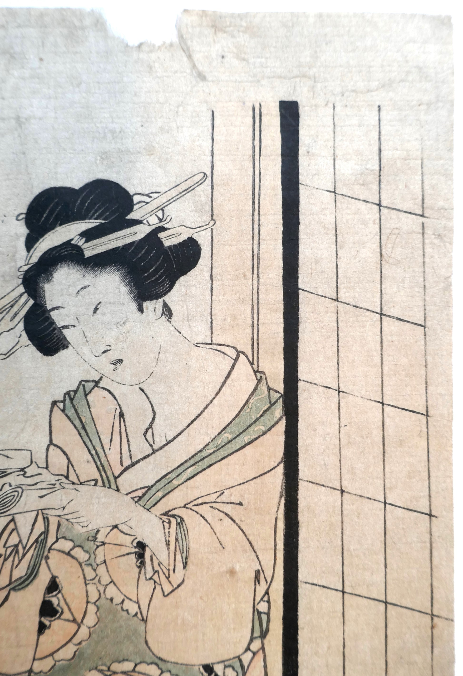 Coiffure traditionnelle et visage délicat d’une courtisane dans une estampe bijin-ga de Kikugawa Eizan.
