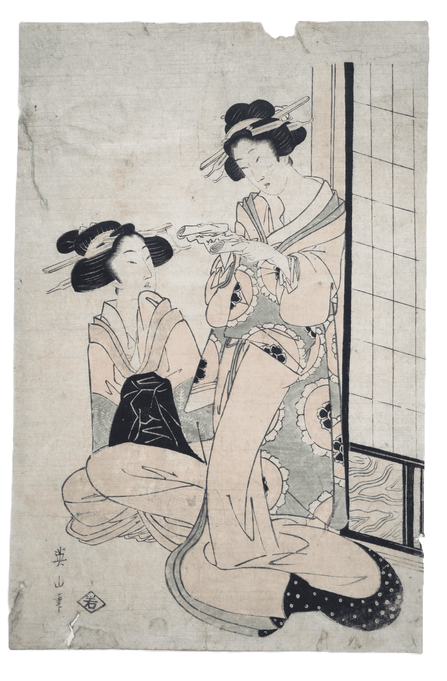 Deux femmes élégantes en kimono dans un intérieur japonais, estampe bijin-ga de Kikugawa Eizan, début XIXe siècle.