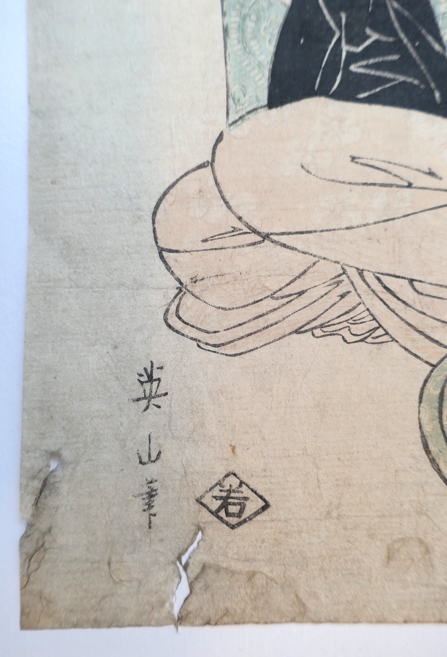 Signature de Kikugawa Eizan et sceau d’éditeur Wakasaya Yoichi sur une estampe japonaise ancienne.