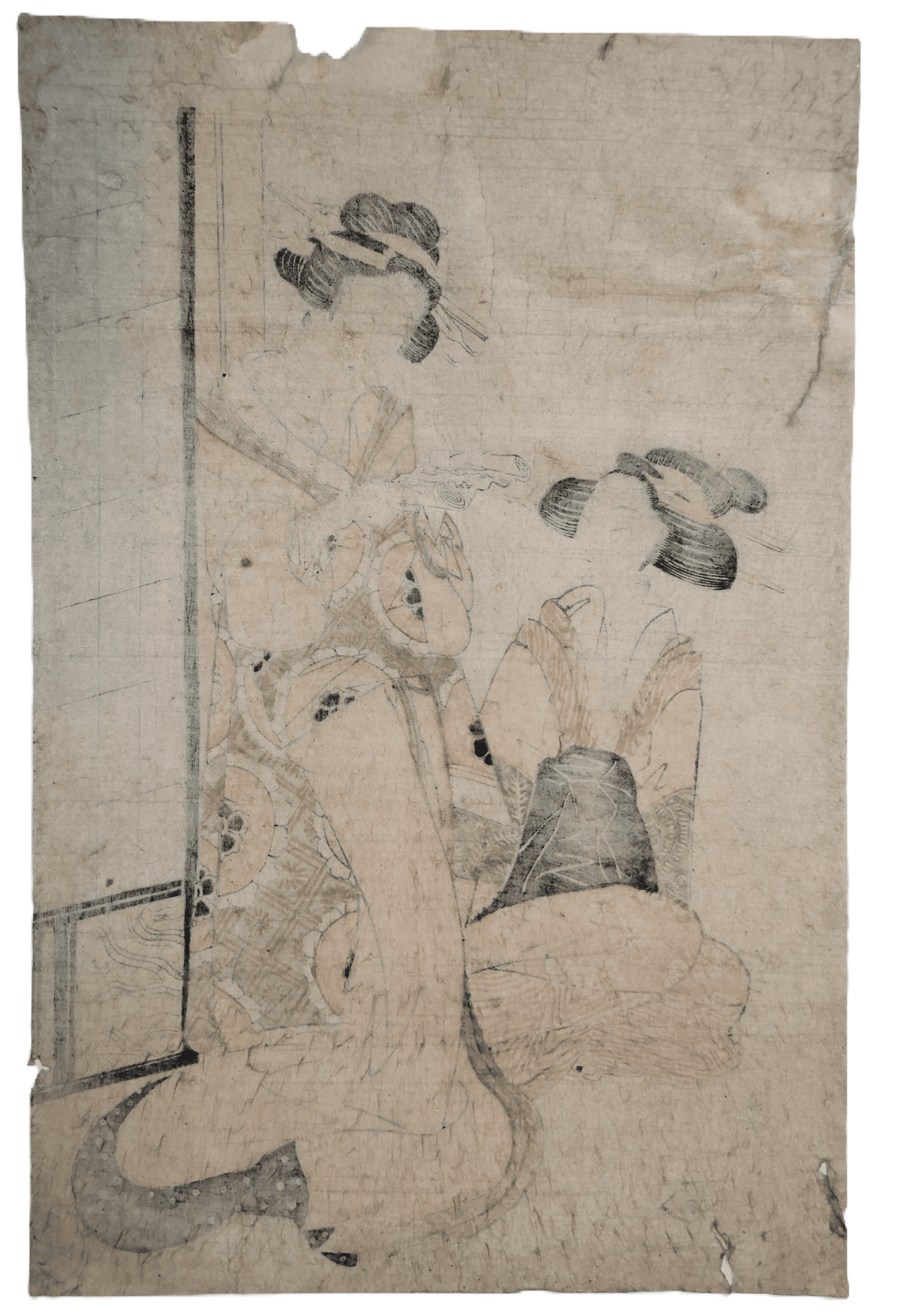 Verso de l’estampe bijin-ga de Kikugawa Eizan montrant le papier washi ancien avec marques d’usure.