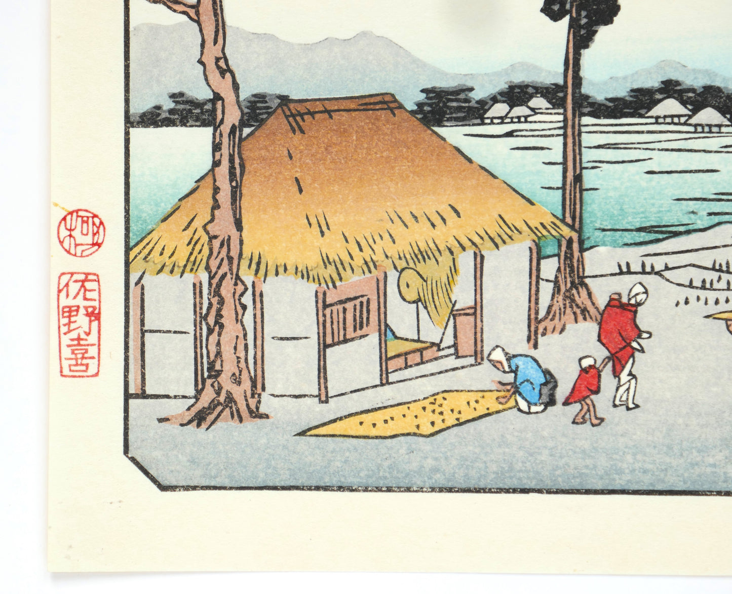Détail maison et sceau rouge de l’éditeur Sanoki sur une estampe de Hiroshige accompagné du sceau Kiwame