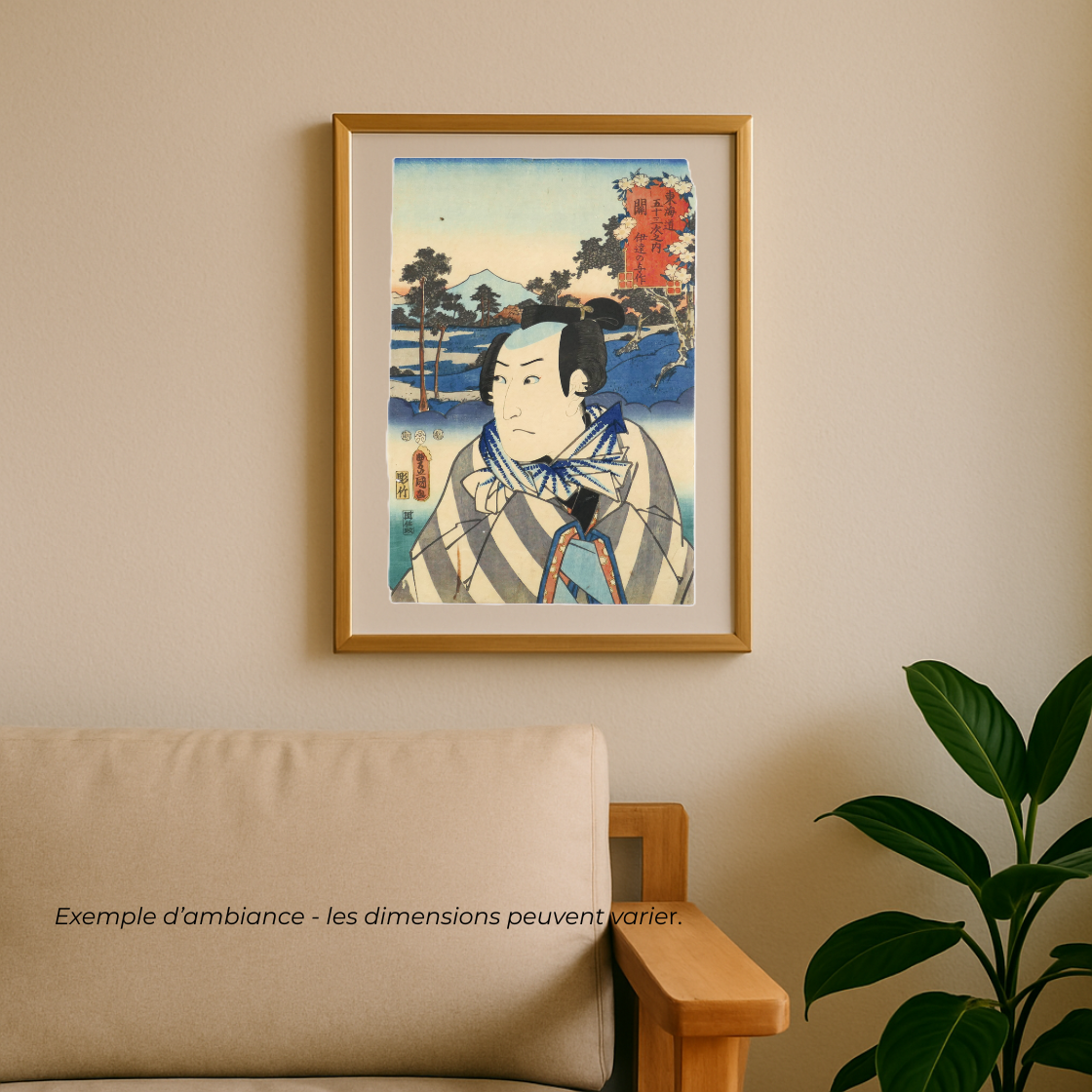 mise en scène dans un salon d'une véritable estampe japnaise ancienne de Toyokuni 3 Kunisada représentant Date no Yosaku de la série de 53 stations du Tokaido