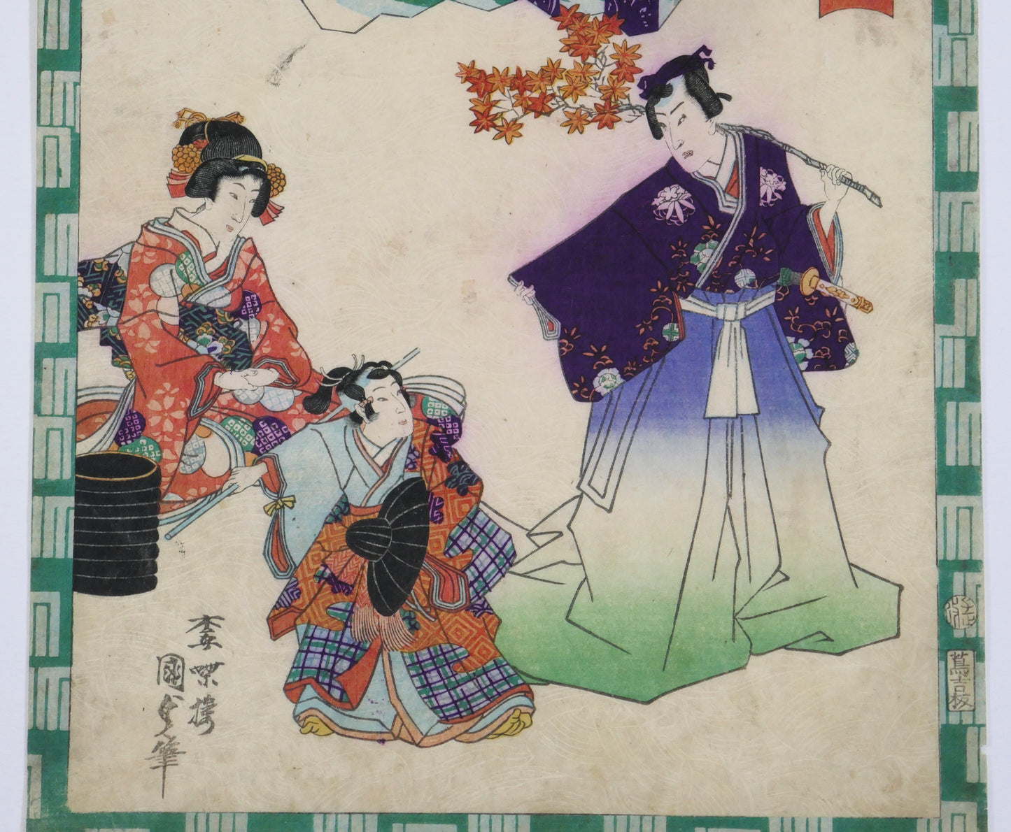 Personnages élégants en kimono illustrés par Kunisada II dans une estampe japonaise de 1864.