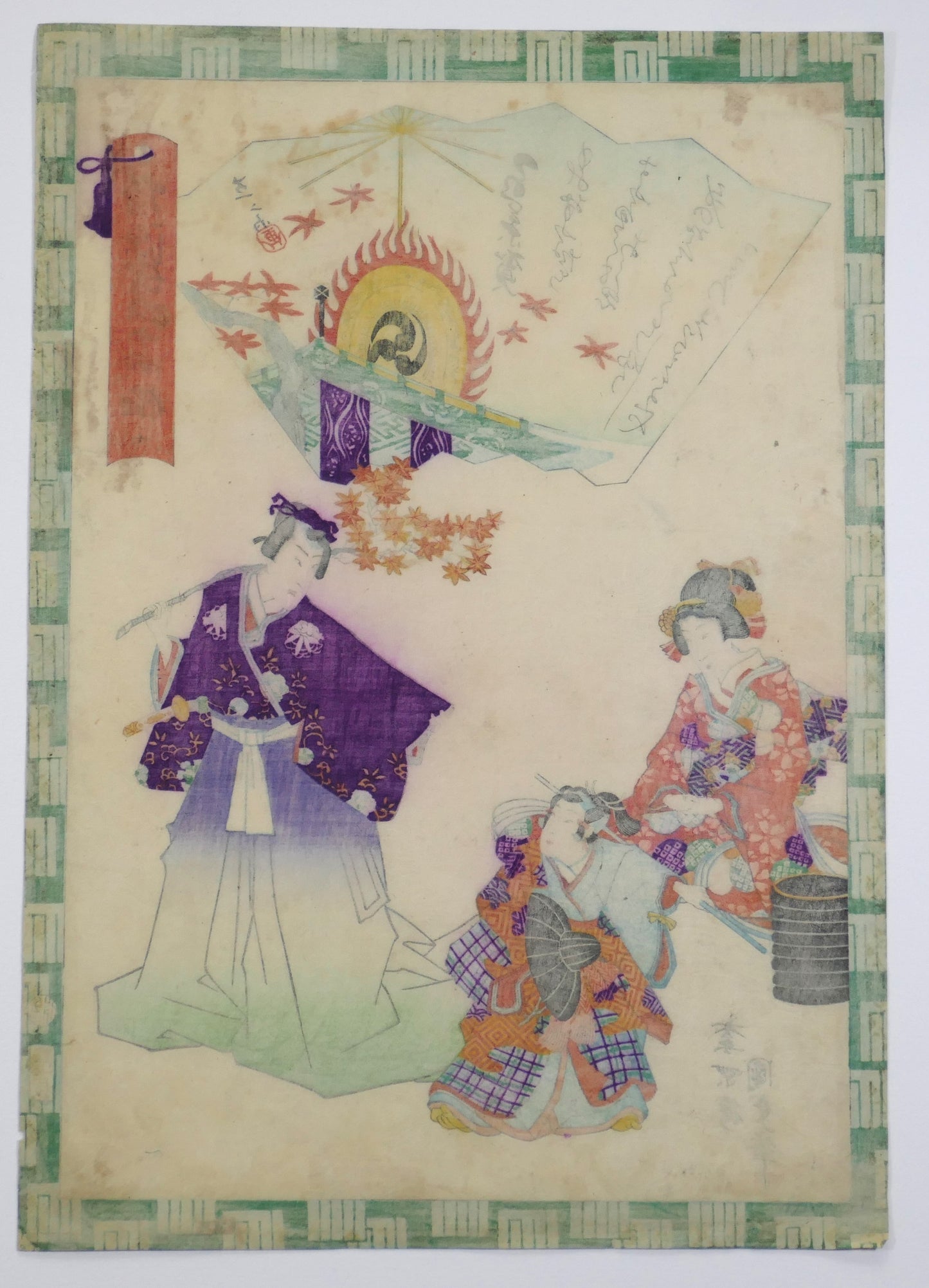 Verso d’une estampe japonaise de 1864, montrant le papier washi d’origine légèrement translucide, série Genji chapitre 7 par Kunisada II et Hiroshige II.