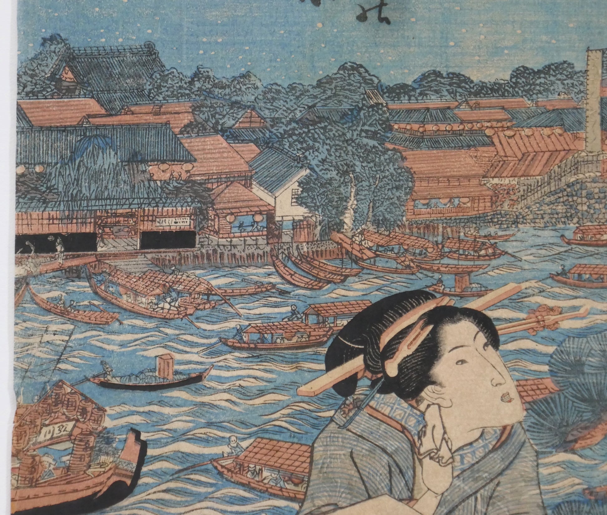 Scène animée de bateaux et d'échoppes à Ryogoku dans une estampe Edo par Kunisada Toyokuni III.