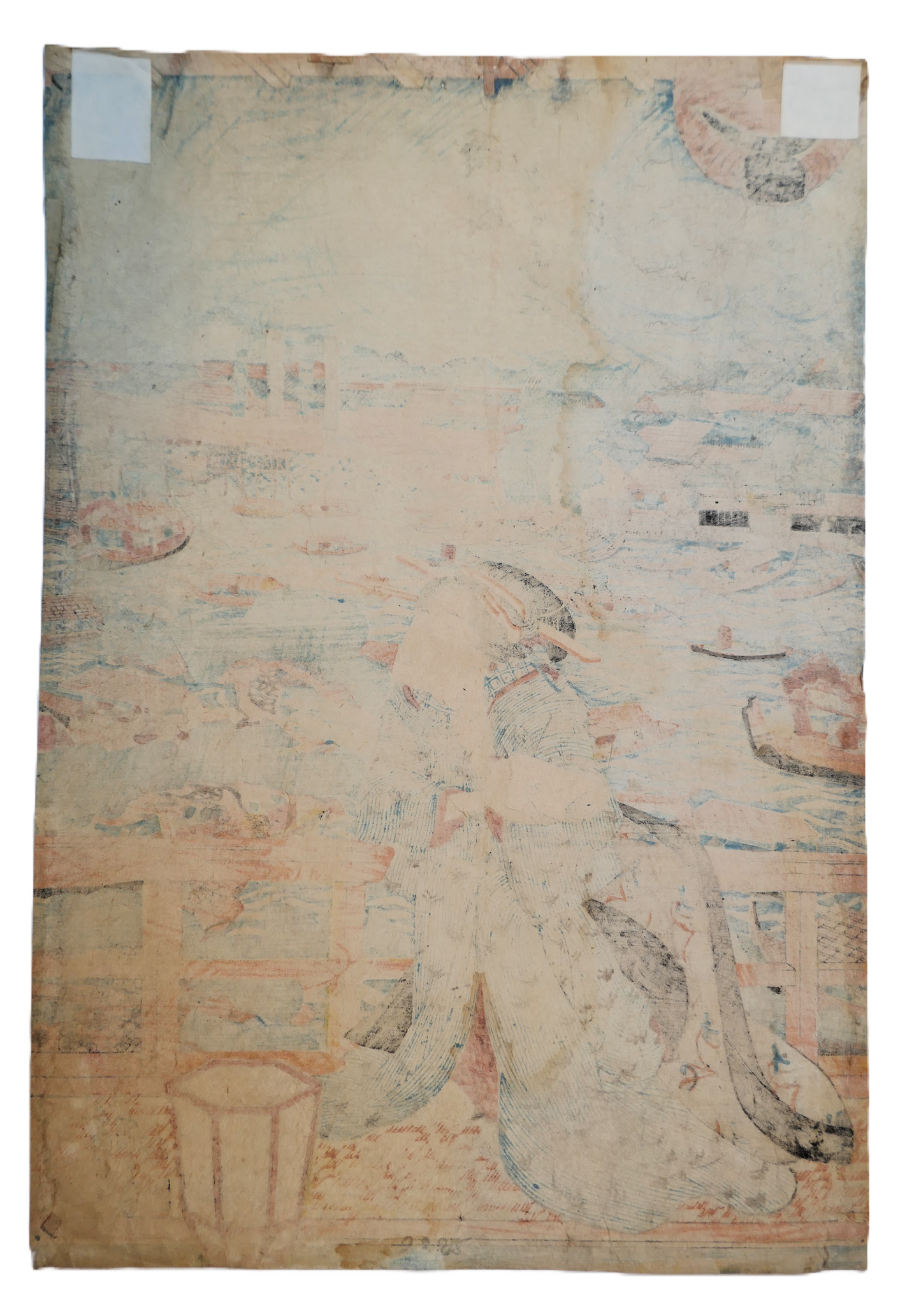Vue du verso de l’estampe japonaise originale "Ryogoku Yusuzumi", montrant le papier washi et l'impression ancienne.