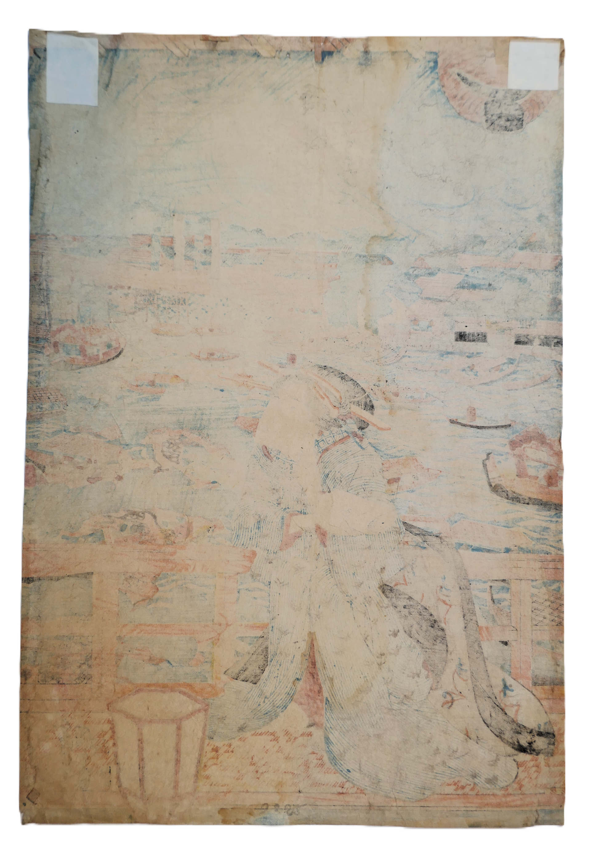 Vue du verso de l’estampe japonaise originale "Ryogoku Yusuzumi", montrant le papier washi et l'impression ancienne.
