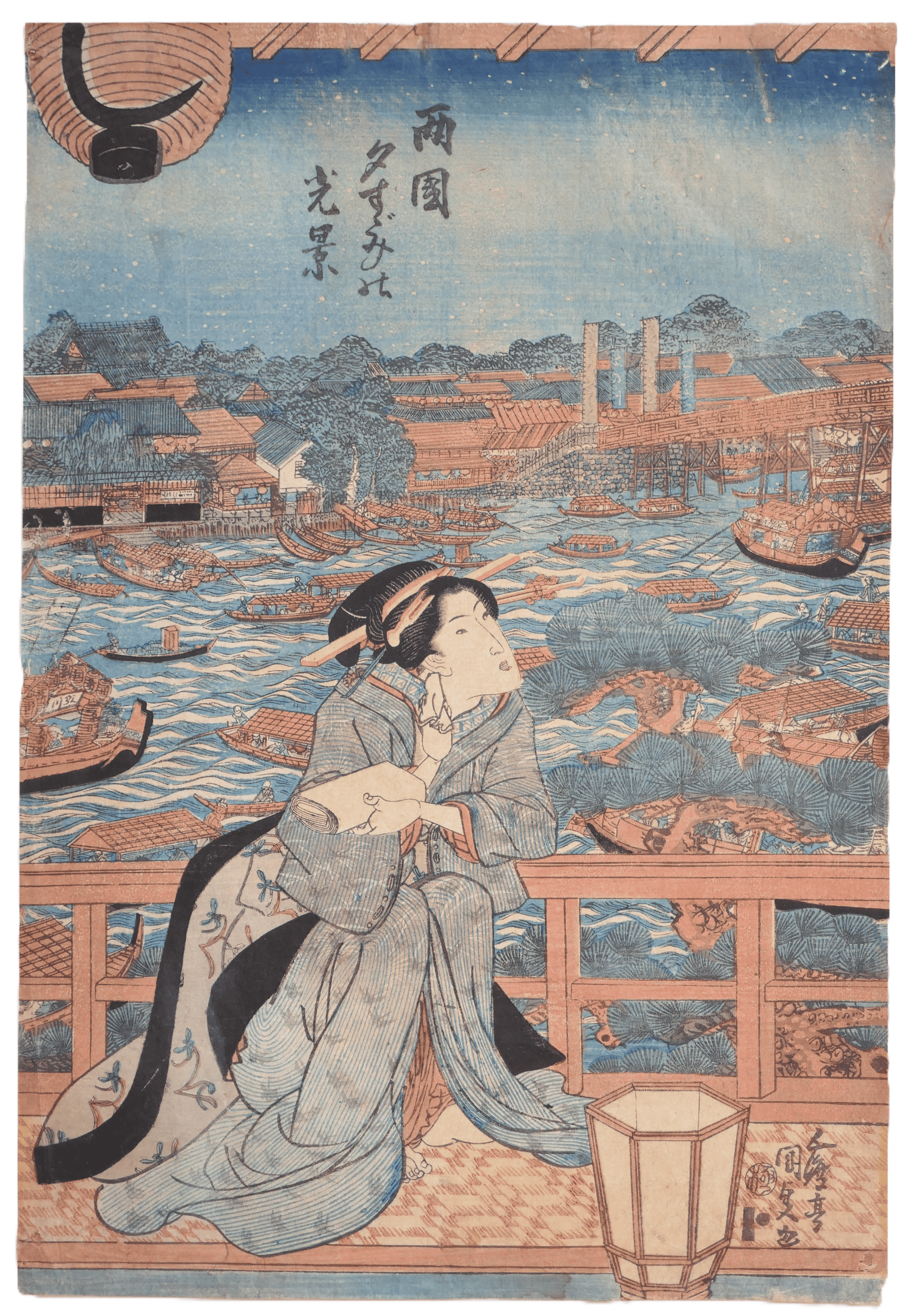 Estampe ukiyo-e complète de Kunisada Toyokuni III représentant une scène de fraîcheur du soir à Ryogoku, avec femme en kimono et rivière animée, vers 1820.