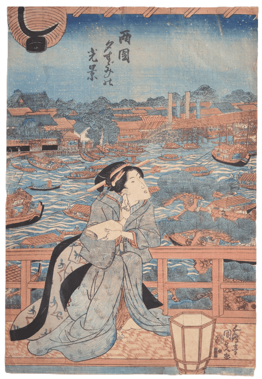Estampe ukiyo-e complète de Kunisada Toyokuni III représentant une scène de fraîcheur du soir à Ryogoku, avec femme en kimono et rivière animée, vers 1820.