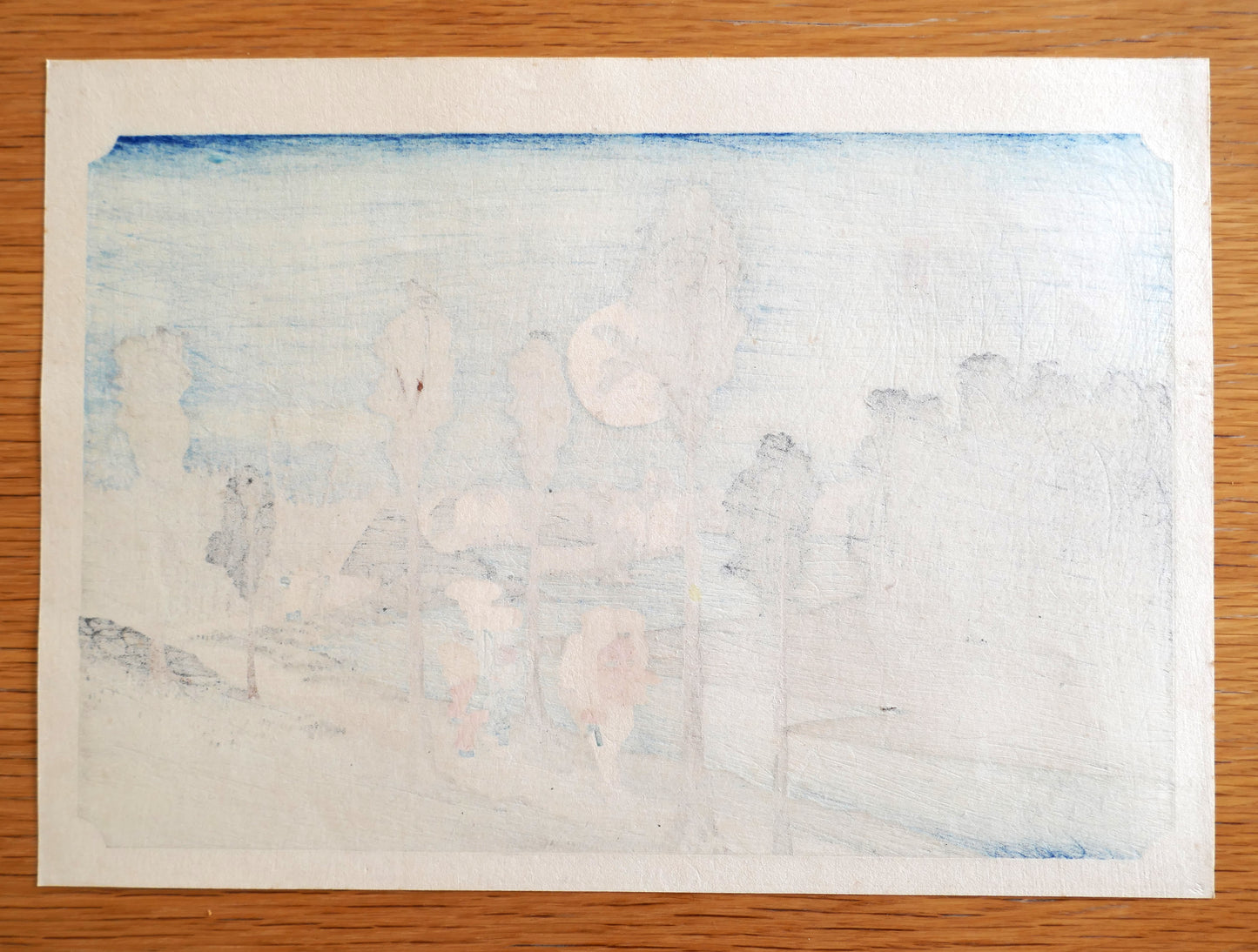 Verso de l'estampe Numazu montrant les couleurs traversant le papier, série des 53 stations du Tokaido de Hiroshige, édition Taishō 1926.