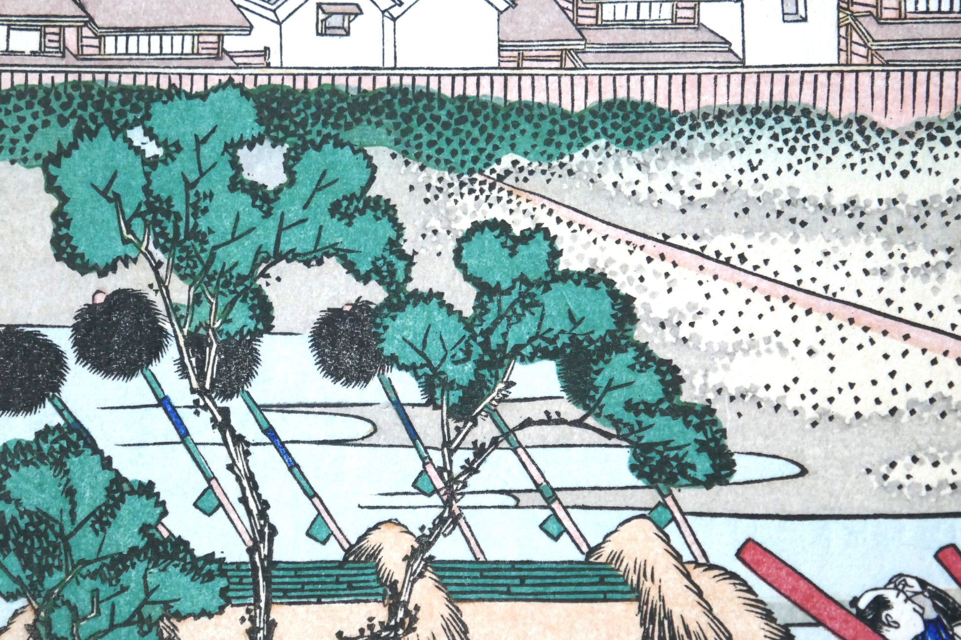 stampe japonaise ukiyo-e Hokusai, détail champs et arbres à Senju, reproduction Shōwa
