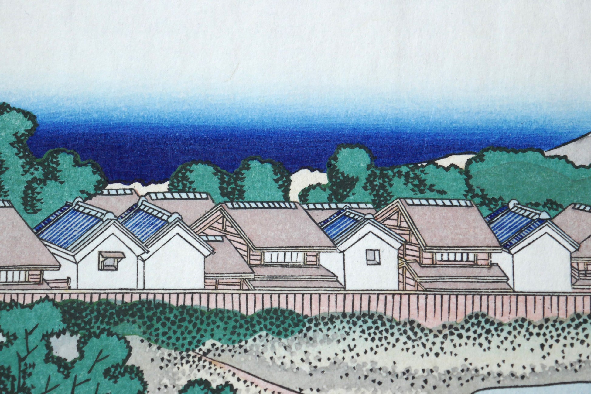 Estampe japonaise ukiyo-e Hokusai, maisons traditionnelles et vue du quartier des plaisirs et Fuji en arrière-plan, reproduction Shōwa