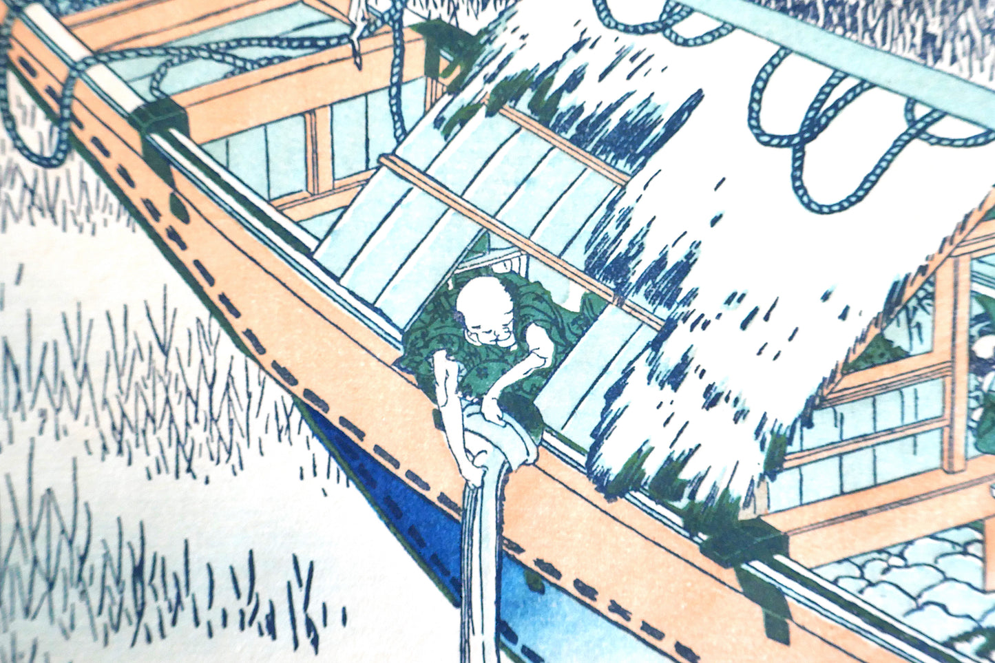 Homme jetant de l’eau depuis le bateau – détail expressif d’une scène de vie chez Hokusai