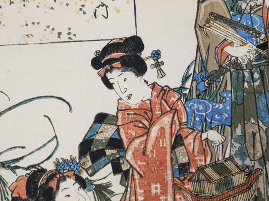 Jeune femme en kimono rouge orangé tenant une cage à grillons dans Suzumushi, ukiyo-e de Kunisada daté de 1852