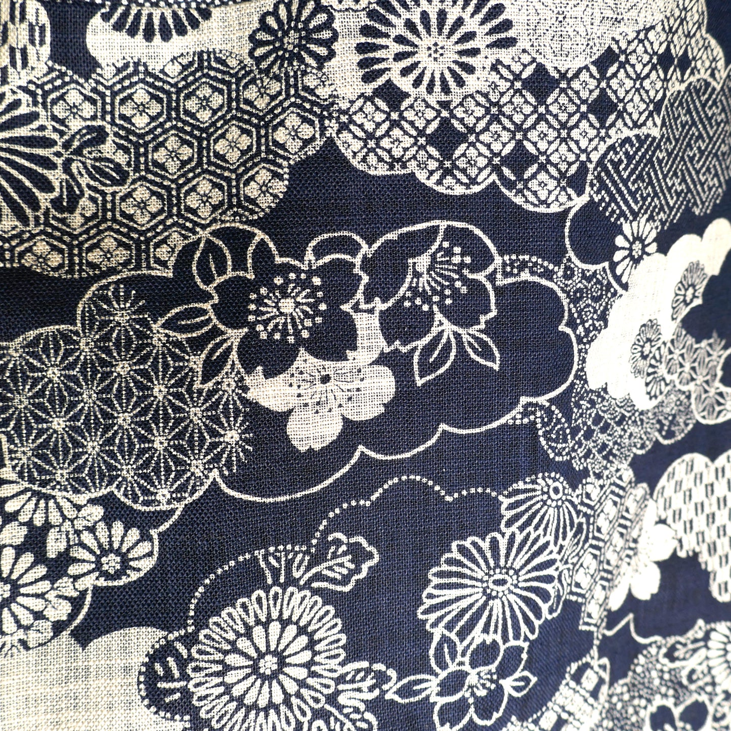 Détail de l’empiècement dos du haori Aki no Samekomon, motifs sakura, chrysanthèmes et nuages japonais