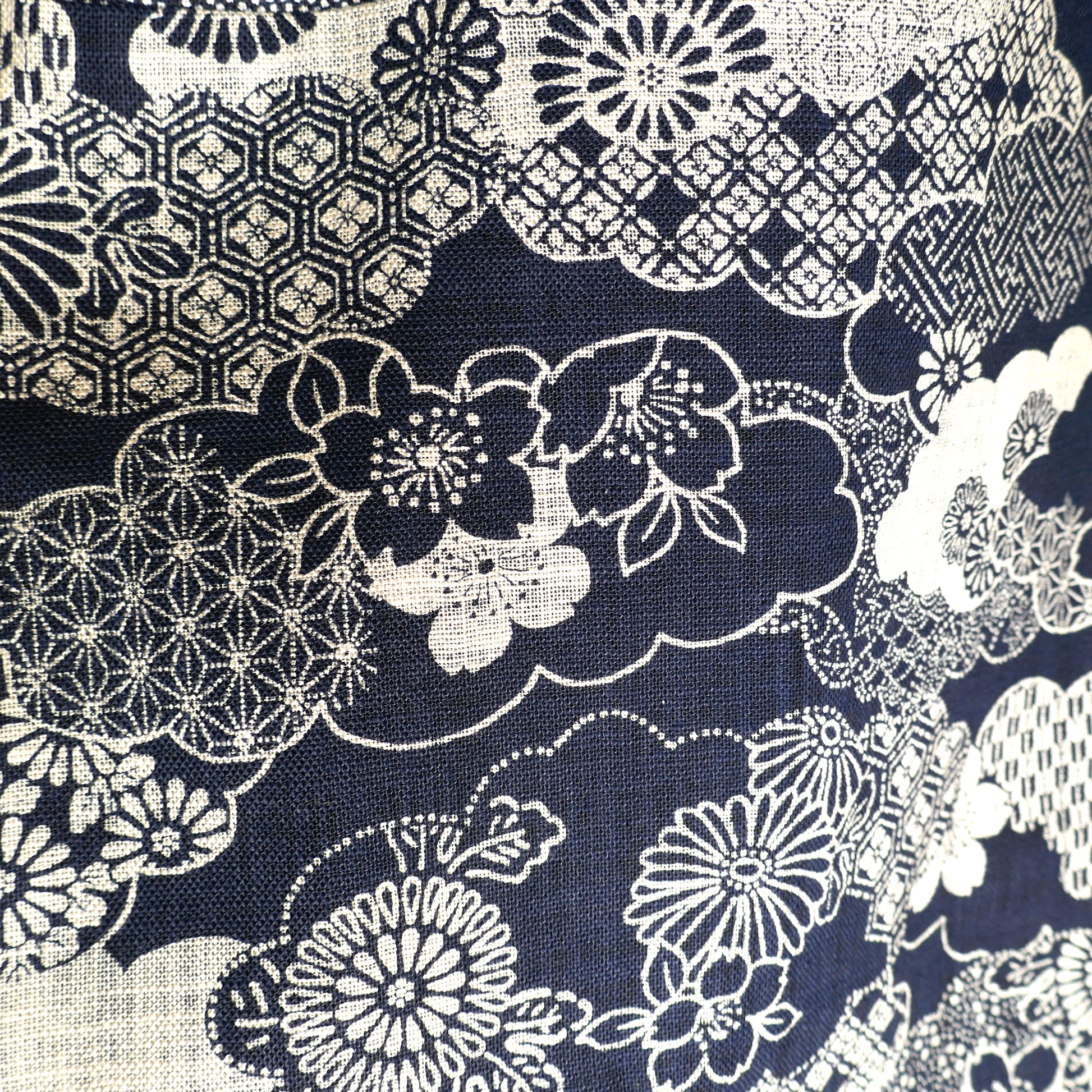 Détail de l’empiècement dos du haori Aki no Samekomon, motifs sakura, chrysanthèmes et nuages japonais