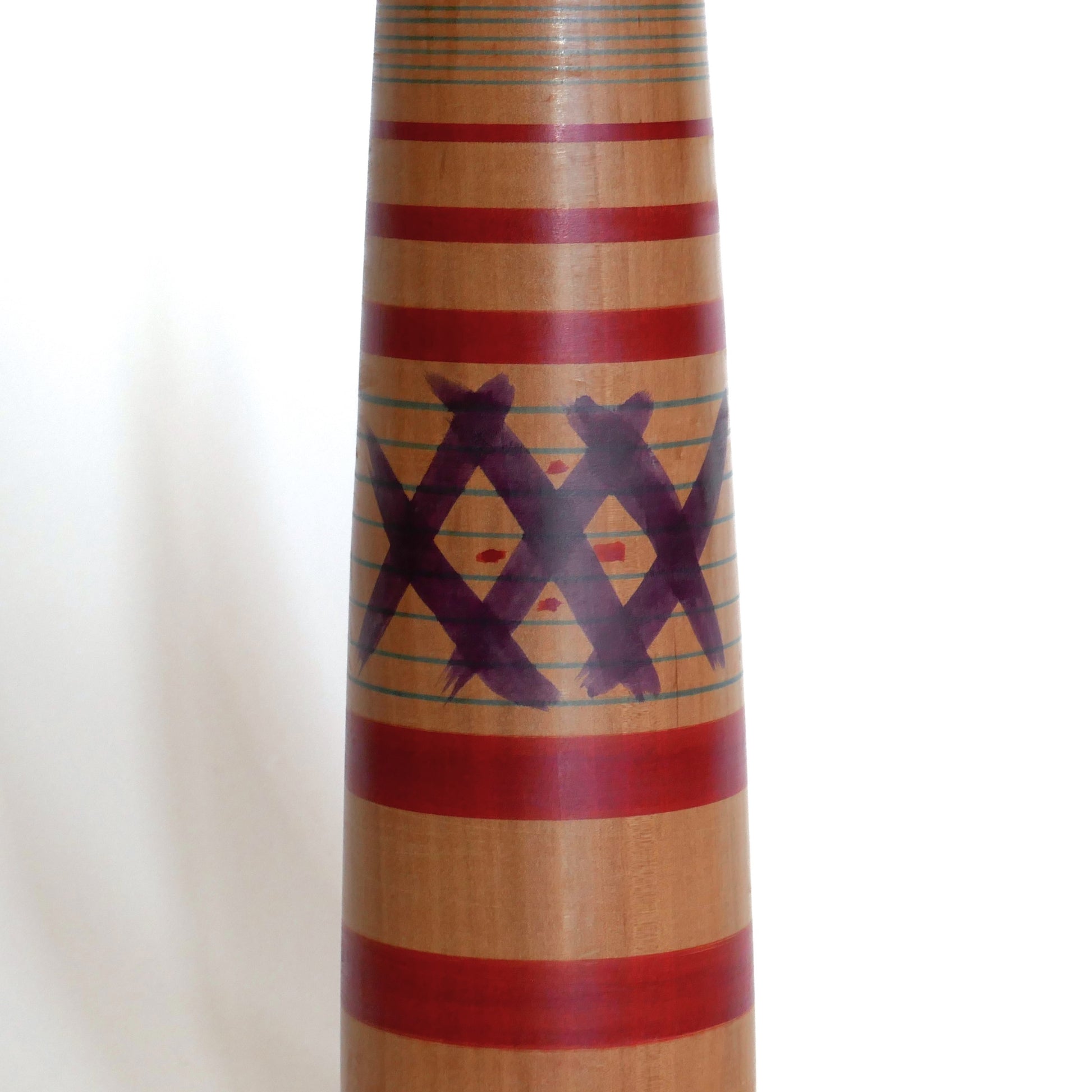 Détail du motif peint sur le corps d’une kokeshi japonaise ancienne, artisanat en bois du style Tsuchiyu.