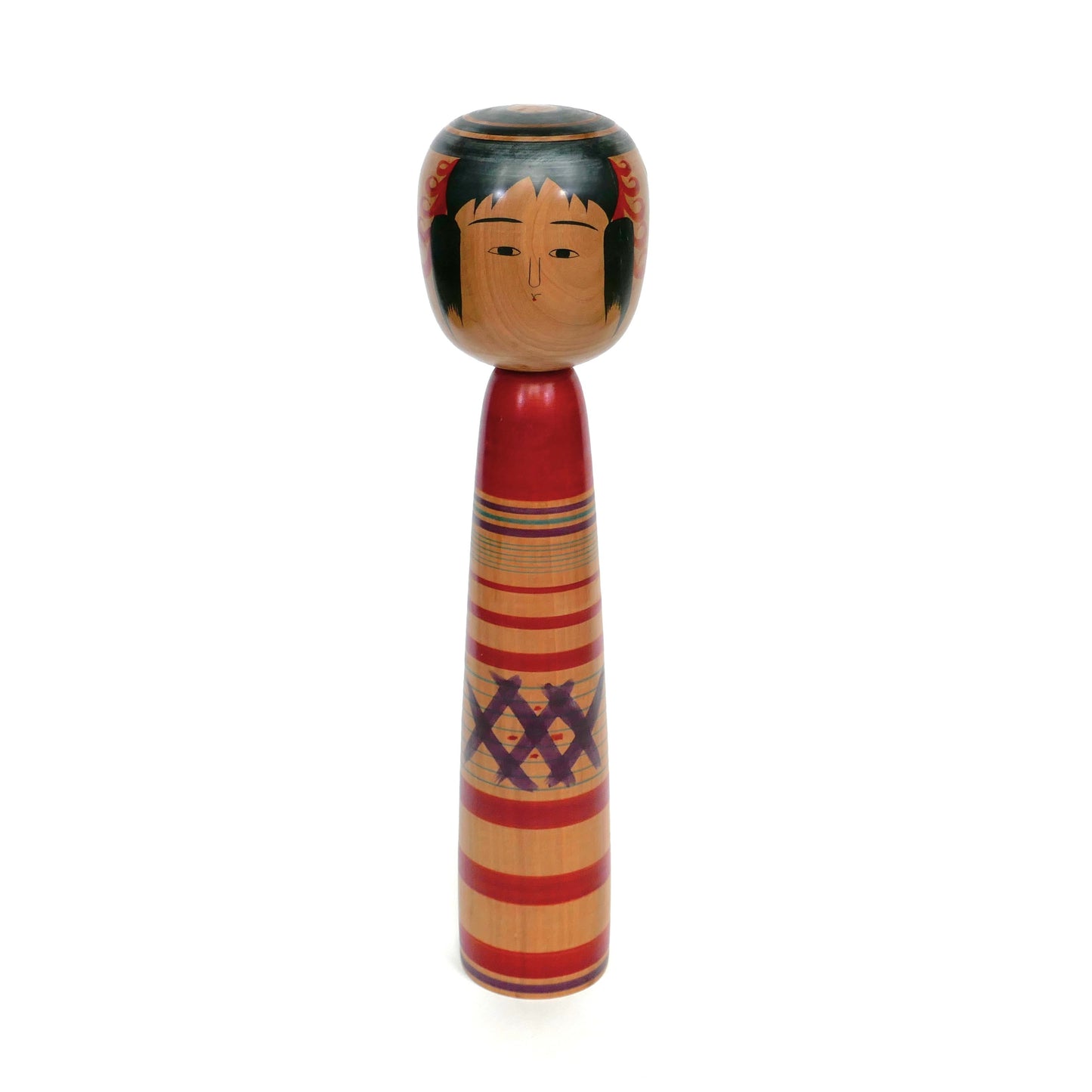 Kokeshi japonaise traditionnelle Tsuchiyu vintage en bois signée Abe Kazue, vue de face, artisanat japonais d’époque Showa.