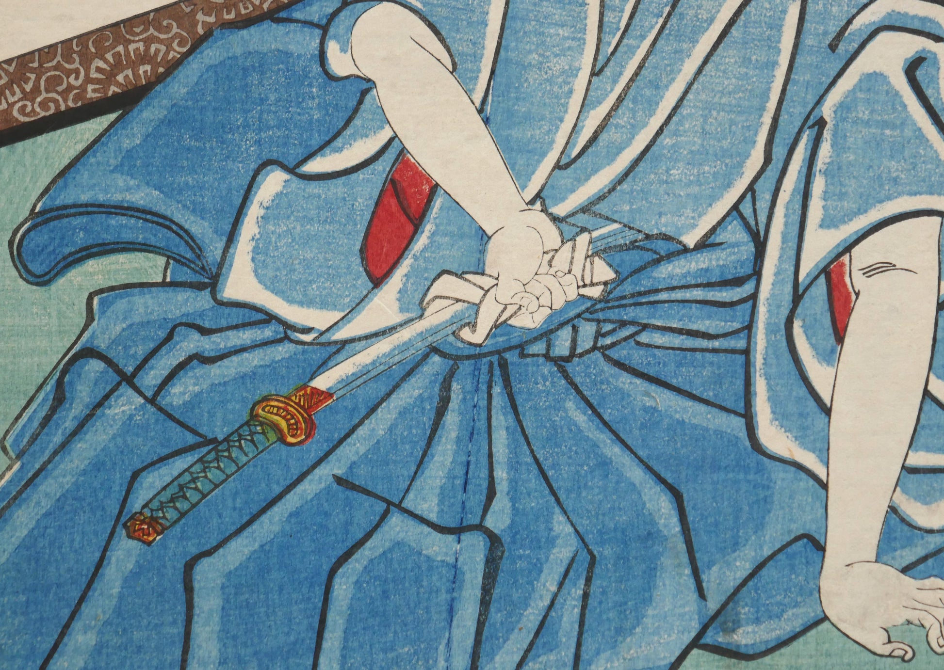 Main tenant le sabre dans la scène de seppuku, détail de l’estampe japonaise de Kuniyoshi, gravure sur bois originale (Edo, 1849).