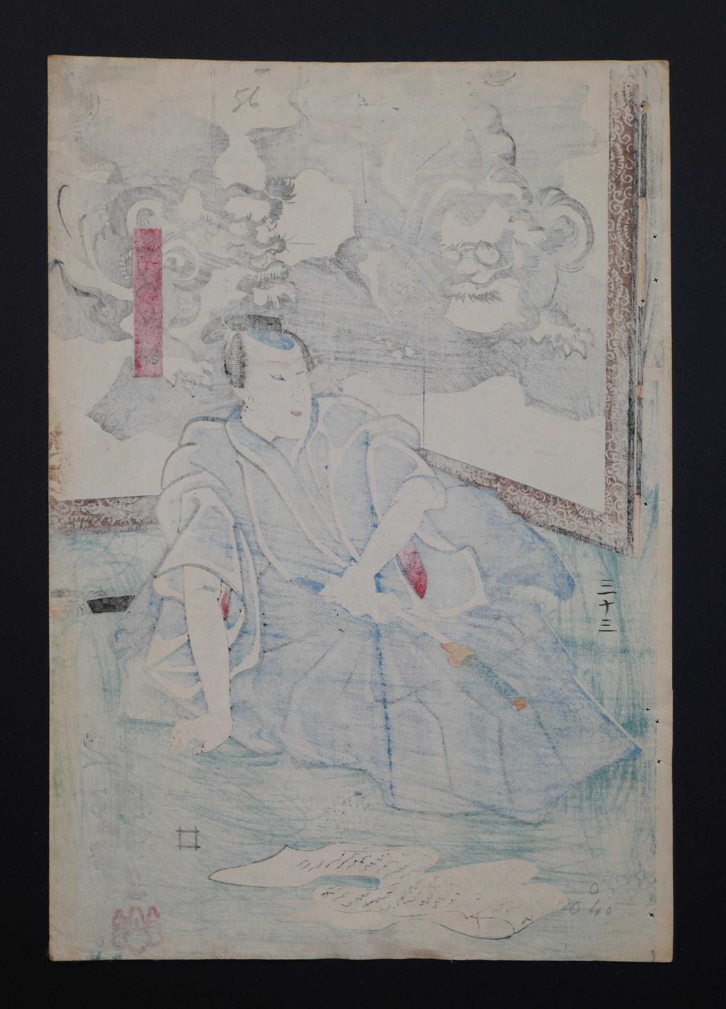 Verso de l’estampe japonaise originale de Kuniyoshi montrant l’impression du bois à travers le papier washi, preuve d’authenticité (Edo, 1849–1850).