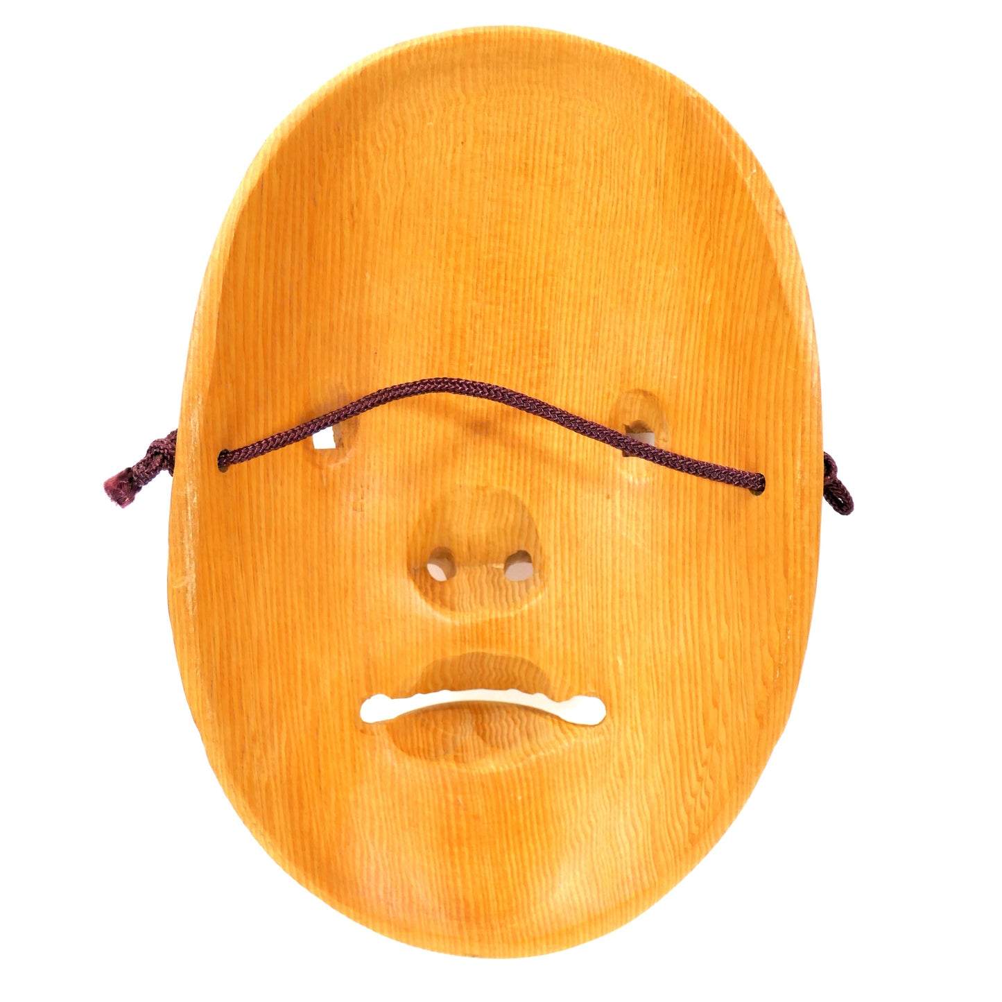 Vue arrière du masque Nō Ko-Omote montrant le creux sculpté et la corde de fixation