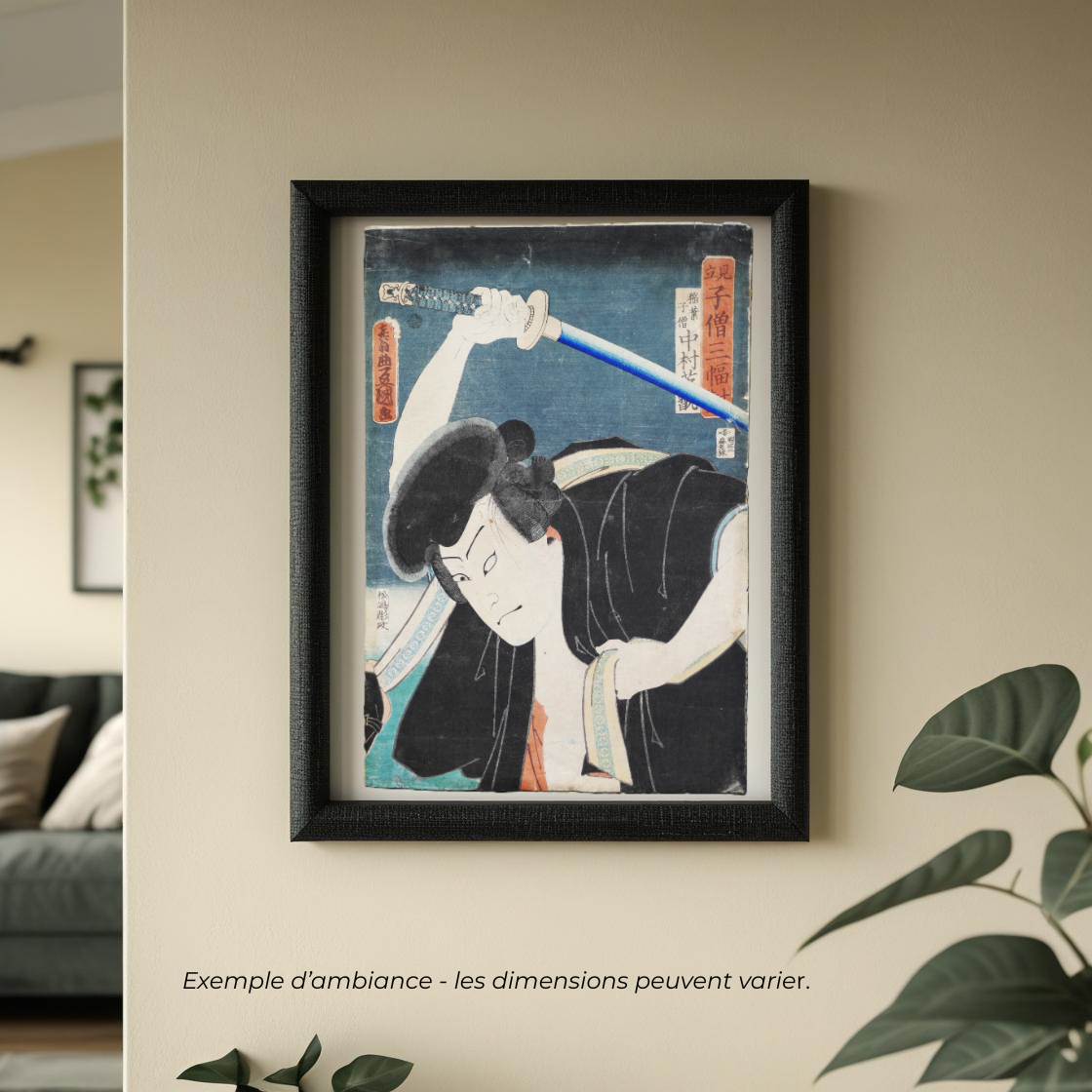mise en scène dans un salon, de l'estampe originale de type yakusha-e par Toyokuni III, portrait de l’acteur kabuki Nakamura Shikan IV avec sabre levé