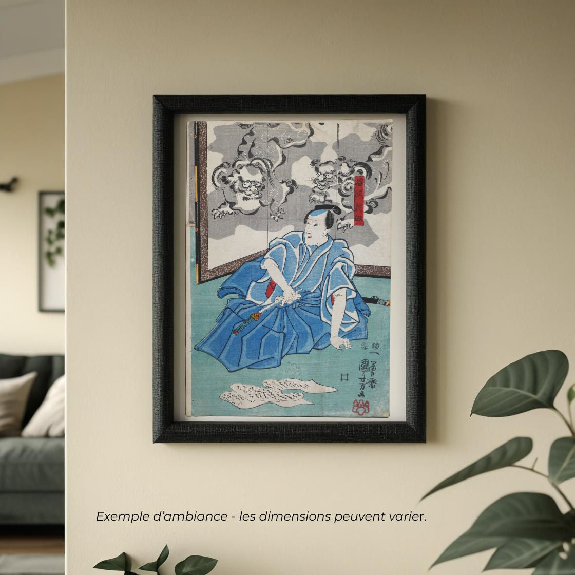 mise en scène encadrée dans un salon, de l'estampe japonaise originale de Utagawa Kuniyoshi représentant Tanizawa Tanomo dans une scène de kabuki tirée de la pièce Omegumi ni uruo Iwafuji (1849–1850, éditeur Sanoya Kihei, censeurs Murata et Mera, ukiyo-e gravure sur bois de l’époque Edo).