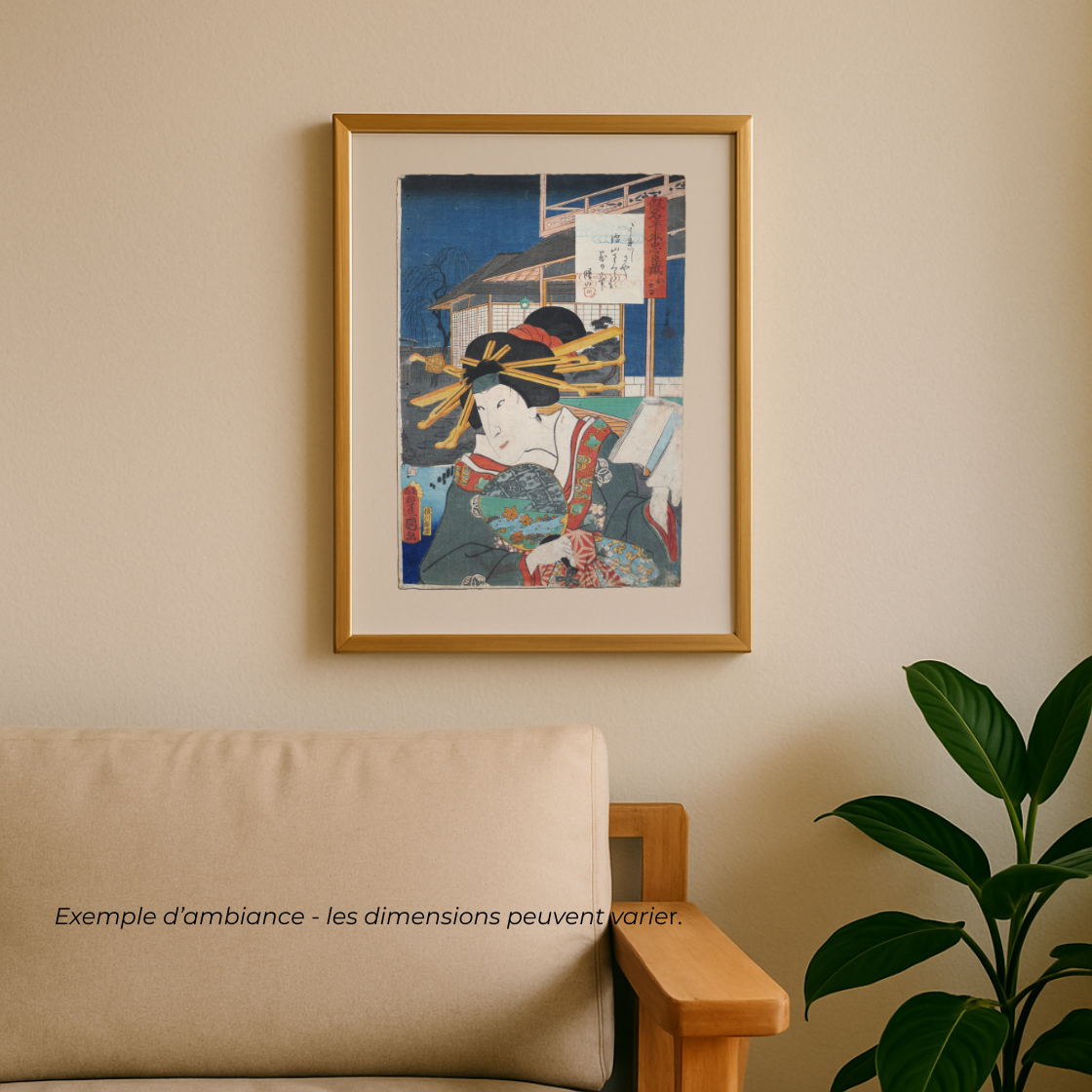 mise en scène encadrée dans un salon de l'estampe kunisada Toyokuni 3 représentant Okaru de la pièce Kanahedon Chushingura