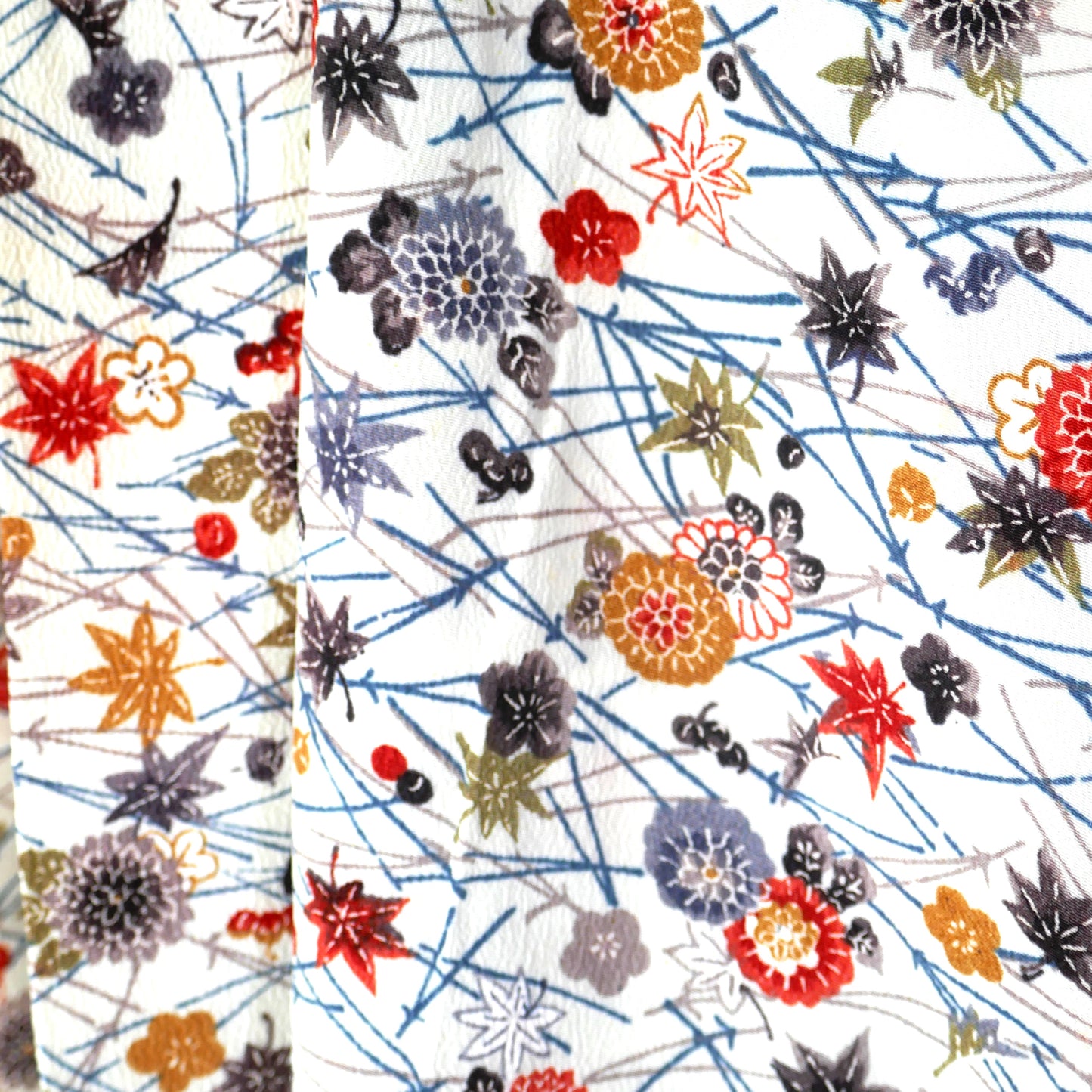 Gros plan sur le tissu en soie d’un haori vintage, motifs de chrysanthèmes 菊 et feuilles d’érable 紅葉 colorées