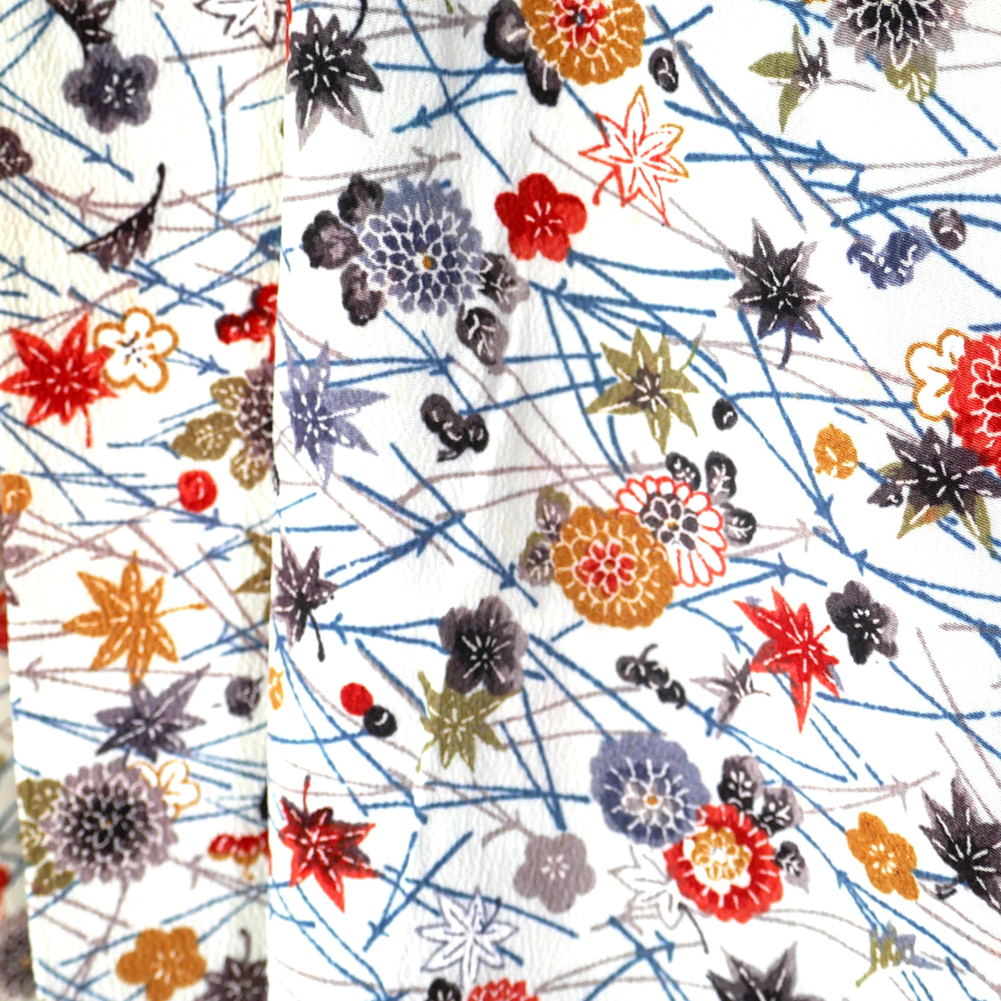 Gros plan sur le tissu en soie d’un haori vintage, motifs de chrysanthèmes 菊 et feuilles d’érable 紅葉 colorées