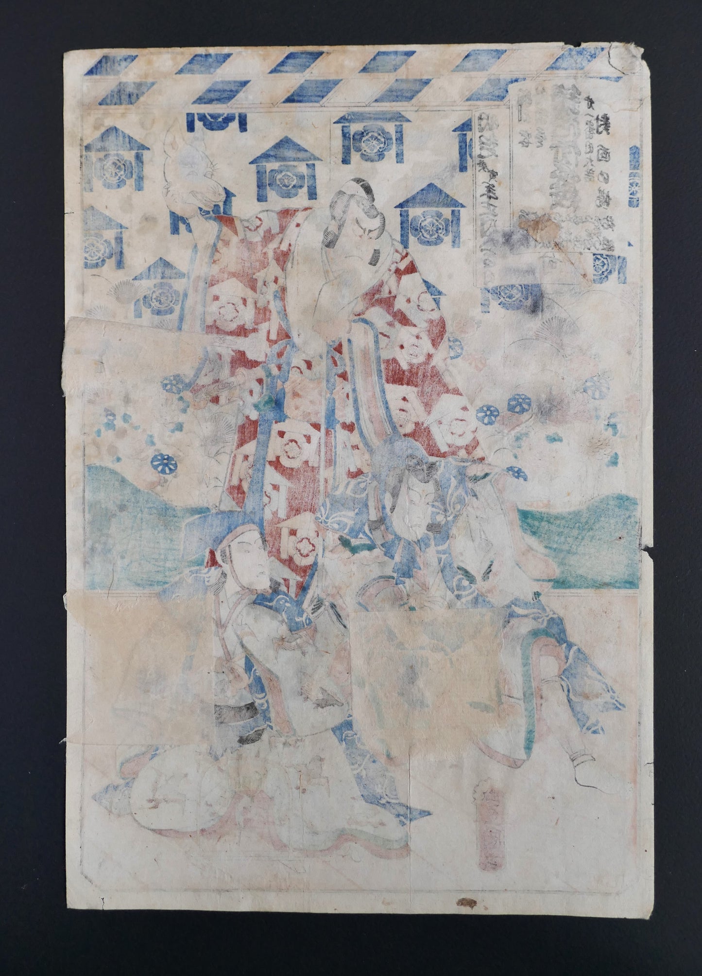 Vue du verso de l’estampe kabuki de Toyokuni III, avec traces d’usure et marques de vieillissement