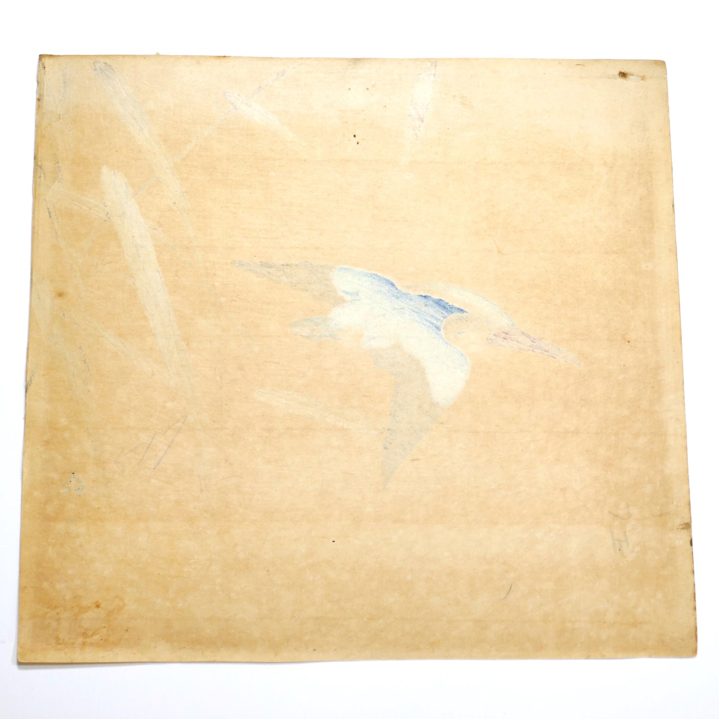 Verso de l’estampe japonaise Meiji de Hirose Chikuseki, montrant les pigments traversants.