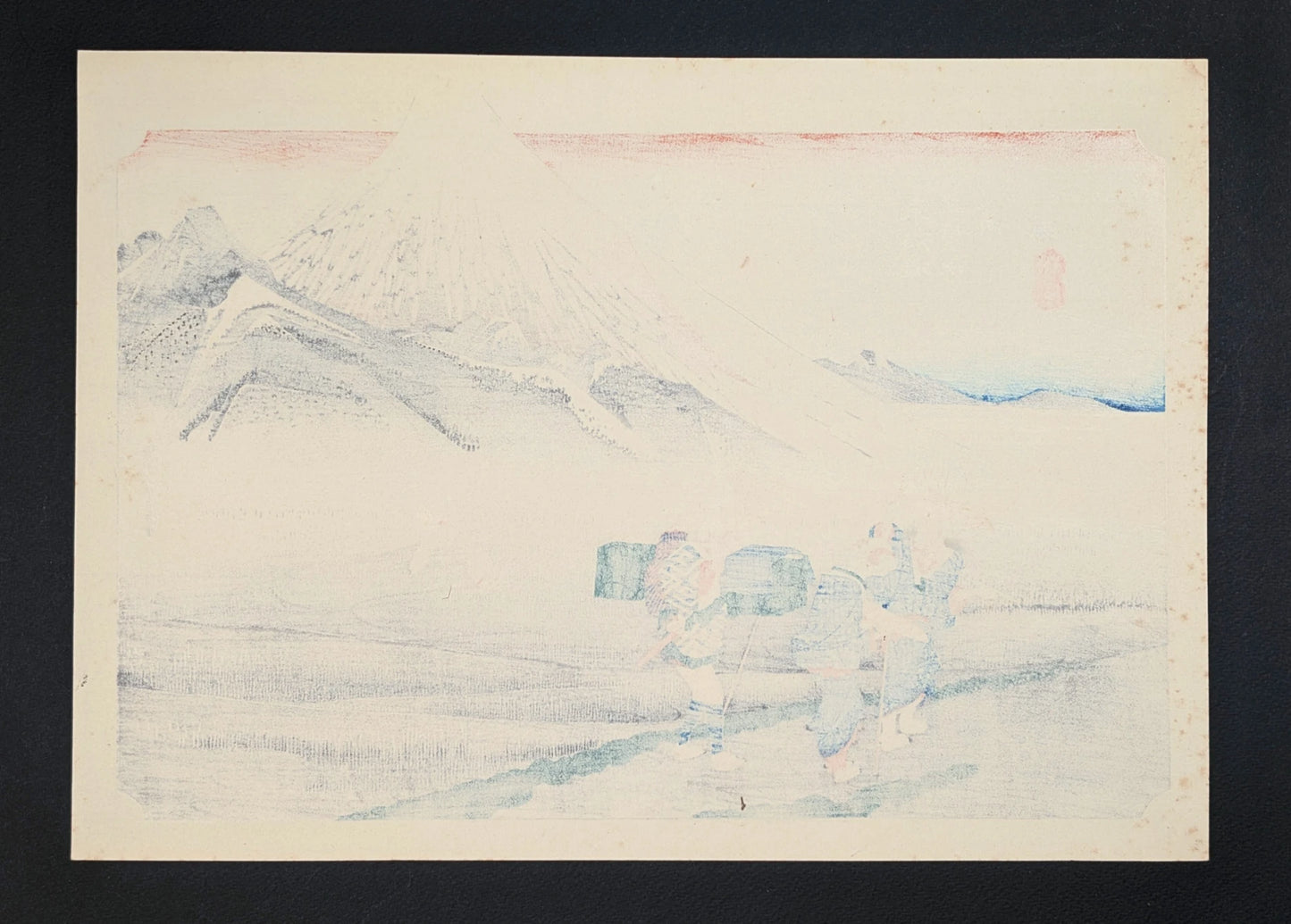 Verso d’une estampe japonaise ukiyo-e de Hiroshige, réédition Taisho 1926, papier ancien d’impression sur bois