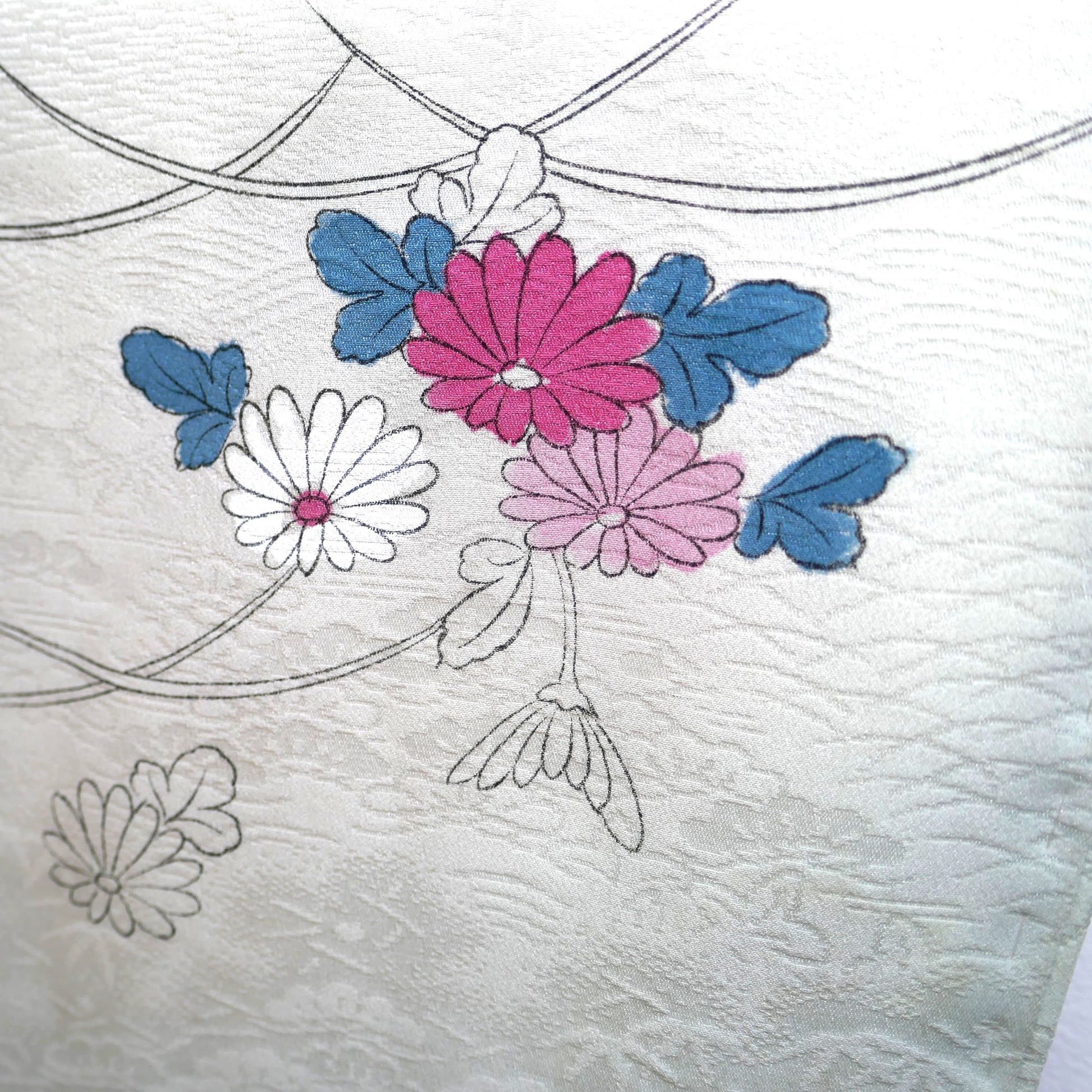 zoom sur le motif des fleurs de chrysanthèmes kiku du haori vintage bleu clair