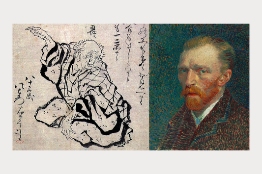 Estampe japonaise ukiyo-e portrait de Hokusai et portrait de Vincent Van Gogh illustrant l’influence du japonisme