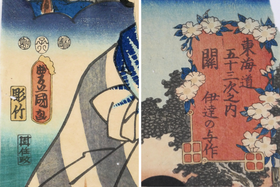 Illustration de tous les cartouchs et sceaux présents sur une estampe japonaise, représentant sa carte d'identitité