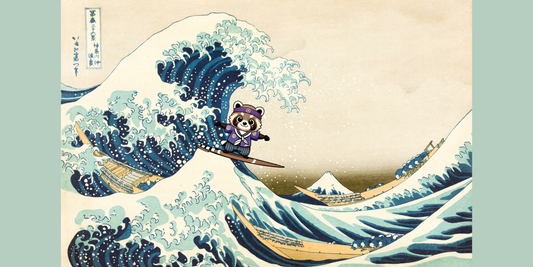 La mascotte Kogechan surfant la grande vague de Kanagawa par Hokusai