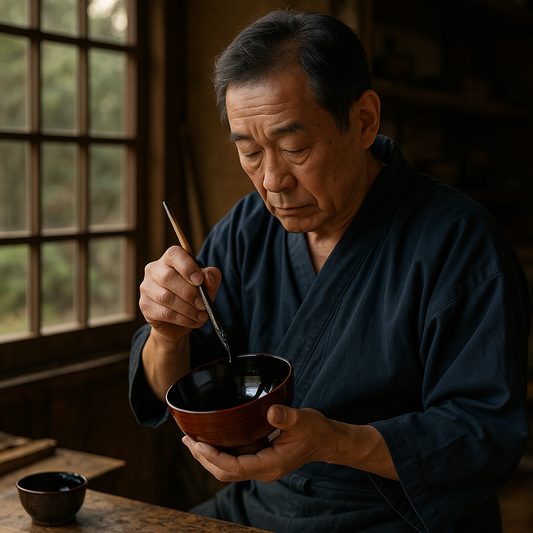 Artisan japonais appliquant de la laque urushi sur un bol dans un atelier traditionnel à la lumière naturelle.