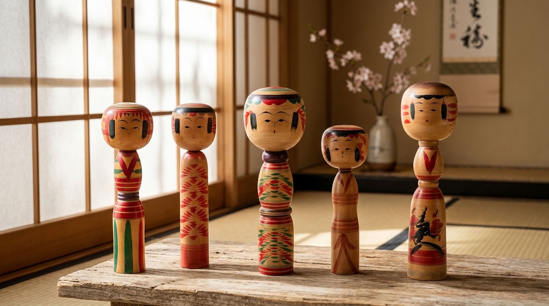 plusieurs kokeshi poupées japonaises style yajiro en décoration dans un intérieur japonisant